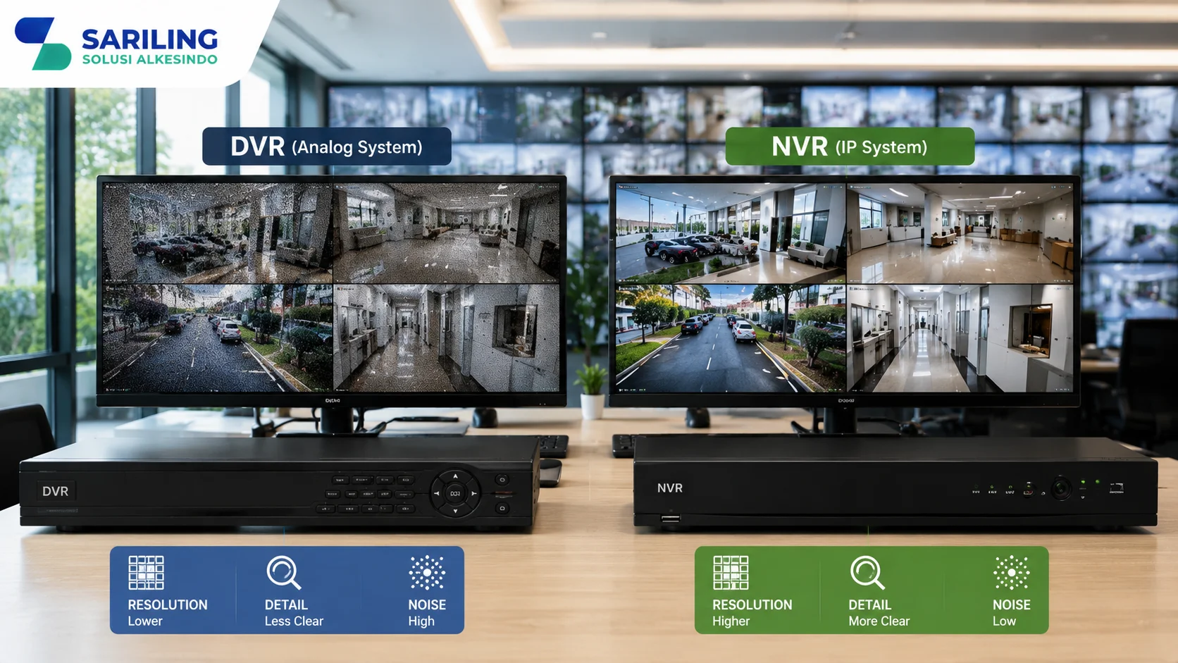 Foto realistis profesional yang menampilkan perangkat DVR dan NVR berdampingan dengan monitor yang memperlihatkan perbedaan kualitas video hasil rekaman CCTV di ruang kontrol keamanan modern, dilengkapi logo Sariling Solusi Alkesindo di pojok kiri atas.