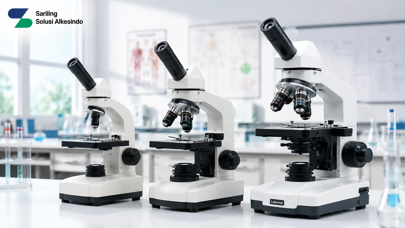 Tiga mikroskop monokular dengan tingkat spesifikasi berbeda tersusun di meja laboratorium sekolah modern, mulai dari model dasar hingga semi laboratorium dengan kondensor Abbe, serta logo Sariling Solusi Alkesindo.