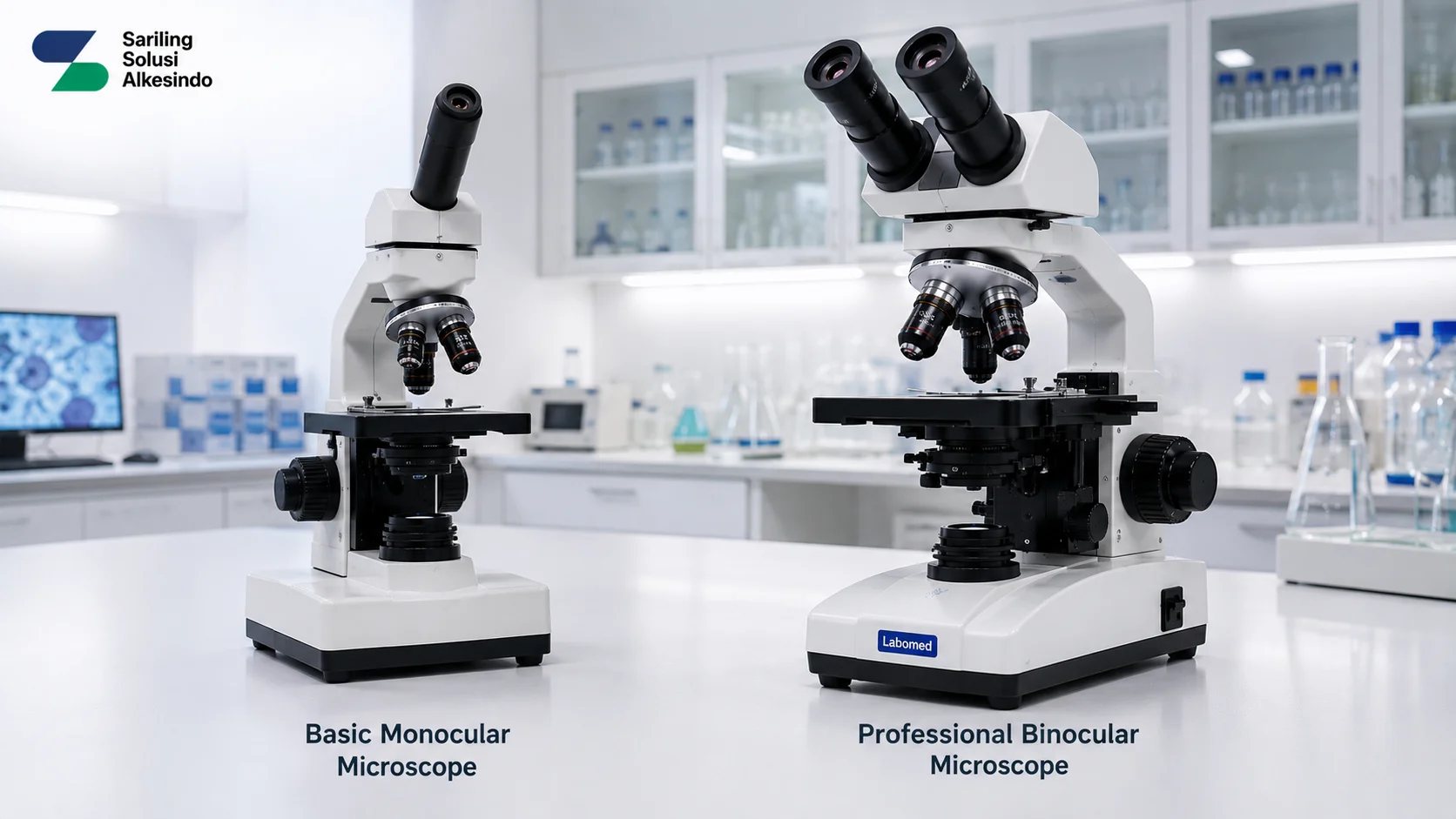 Perbandingan mikroskop monokuler dasar dengan mikroskop binokuler profesional di meja laboratorium modern dengan logo Sariling Solusi Alkesindo.