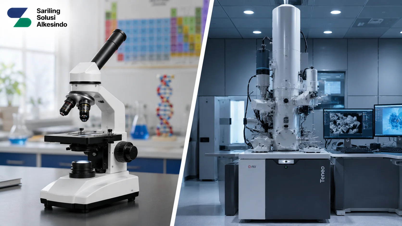 Perbandingan mikroskop optik standar untuk laboratorium sekolah dengan scanning electron microscope canggih di fasilitas penelitian modern serta logo Sariling Solusi Alkesindo.