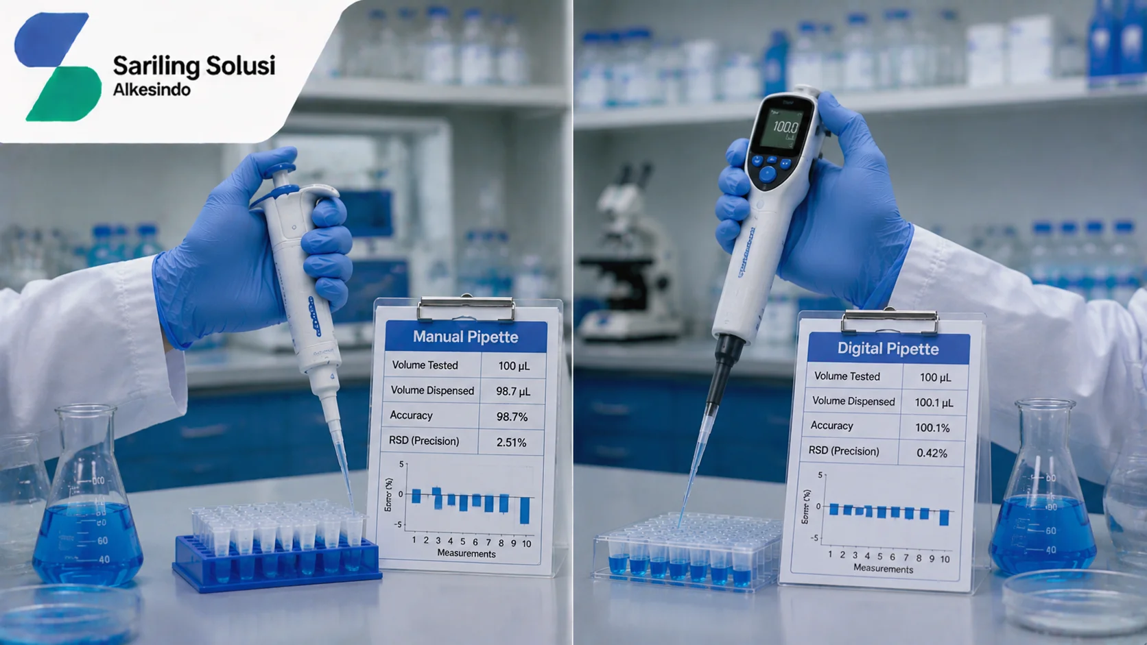 Ilustrasi perbandingan akurasi pipet manual dan digital yang menampilkan penggunaan kedua jenis micropipette di laboratorium, hasil pengukuran volume, data presisi, tingkat akurasi, serta evaluasi performa alat dengan logo Sariling Solusi Alkesindo.