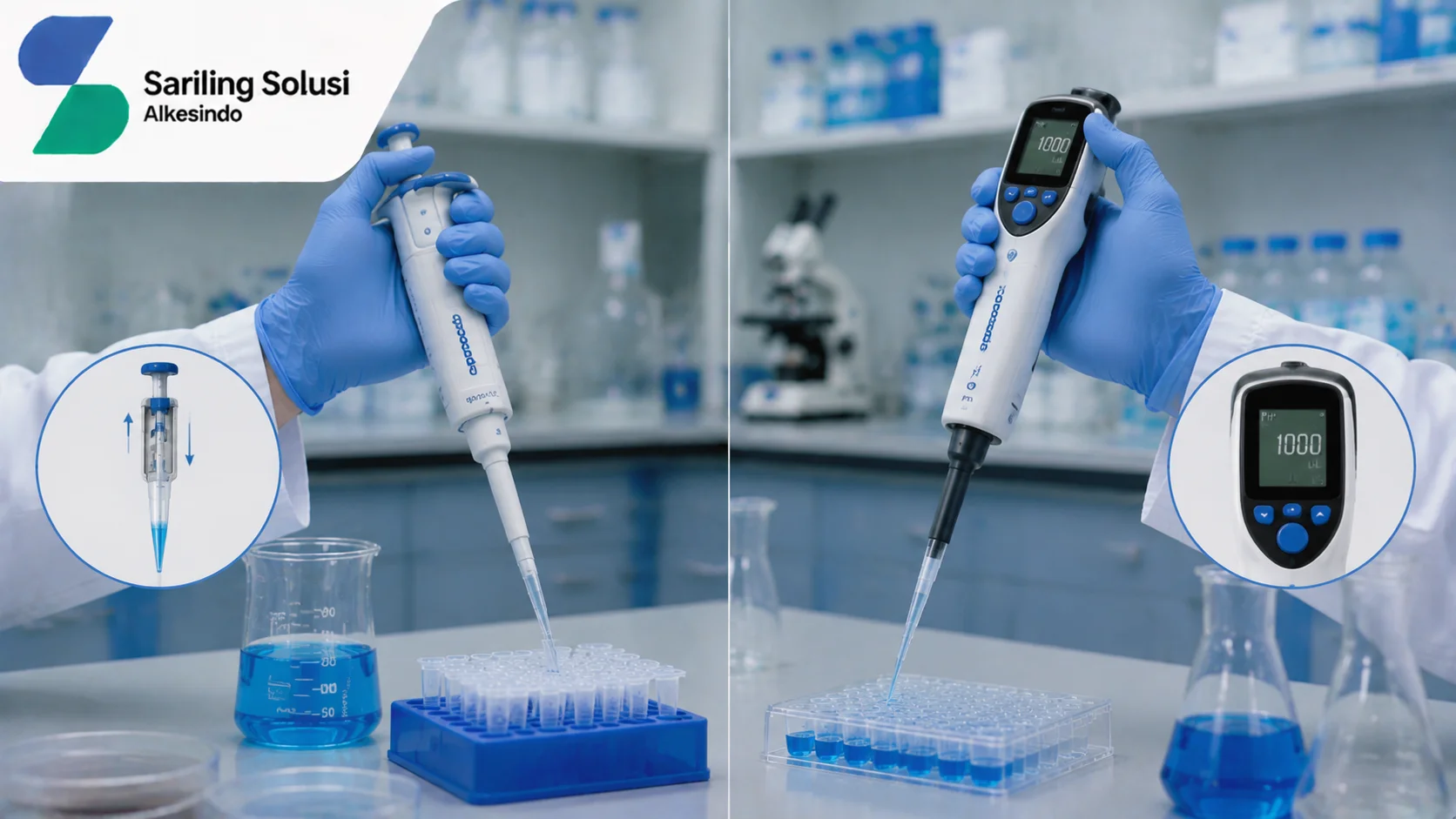 Ilustrasi perbandingan pipet manual dan digital berdasarkan cara kerja yang menampilkan penggunaan micropipette manual dengan sistem pengaturan mekanis serta pipet digital dengan layar elektronik di laboratorium, dilengkapi perlengkapan penelitian dan logo Sariling Solusi Alkesindo.