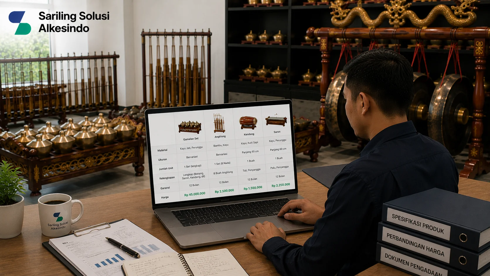 Ilustrasi perbandingan produk dan harga alat musik tradisional yang menampilkan berbagai instrumen seperti gamelan, angklung, kendang, dan saron melalui proses evaluasi spesifikasi serta perbandingan harga dengan logo Sariling Solusi Alkesindo.