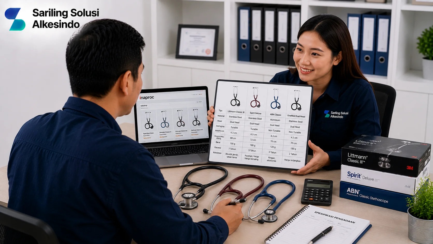 Ilustrasi perbandingan produk stetoskop untuk pengadaan yang menampilkan beberapa jenis stetoskop, tabel perbandingan spesifikasi, proses evaluasi produk melalui katalog Inaproc, serta konsultasi pemilihan alat kesehatan dengan logo Sariling Solusi Alkesindo.