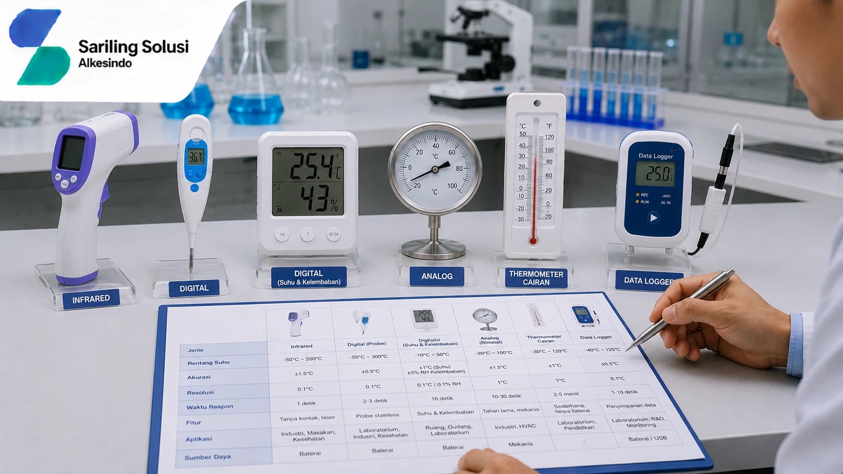 Ilustrasi perbandingan spesifikasi thermometer berdasarkan setiap jenis yang menampilkan infrared thermometer, thermometer digital, thermometer analog, thermometer cairan, dan data logger, dilengkapi tabel perbandingan rentang suhu, akurasi, resolusi, waktu respons, fitur, serta aplikasi penggunaan bersama Sariling Solusi Alkesindo.
