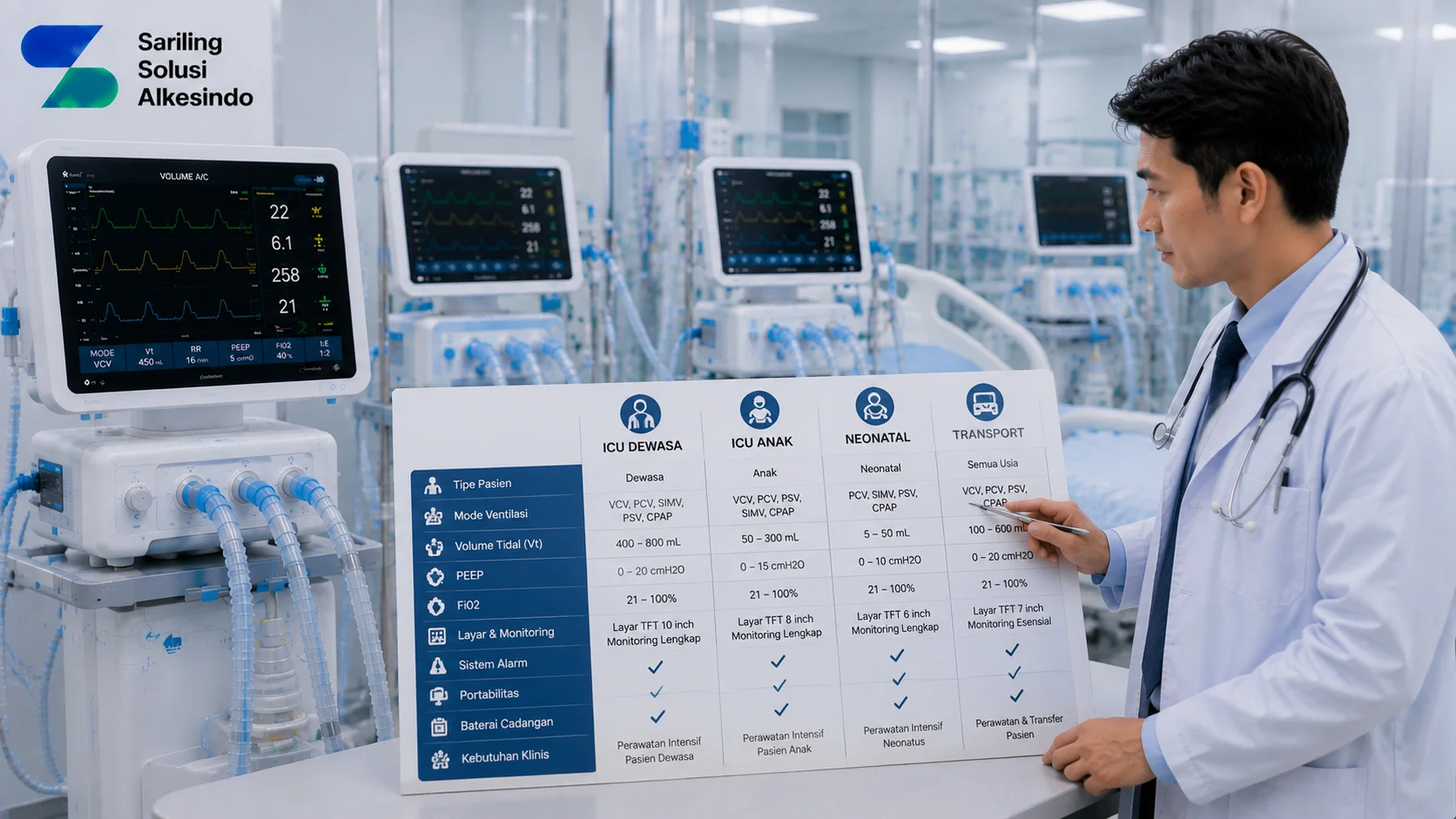 Ilustrasi perbandingan spesifikasi ventilator ICU berdasarkan kebutuhan yang menampilkan dokter mengevaluasi berbagai jenis ventilator untuk ICU dewasa, anak, neonatal, dan transport dengan parameter ventilasi serta fitur monitoring bersama logo Sariling Solusi Alkesindo.