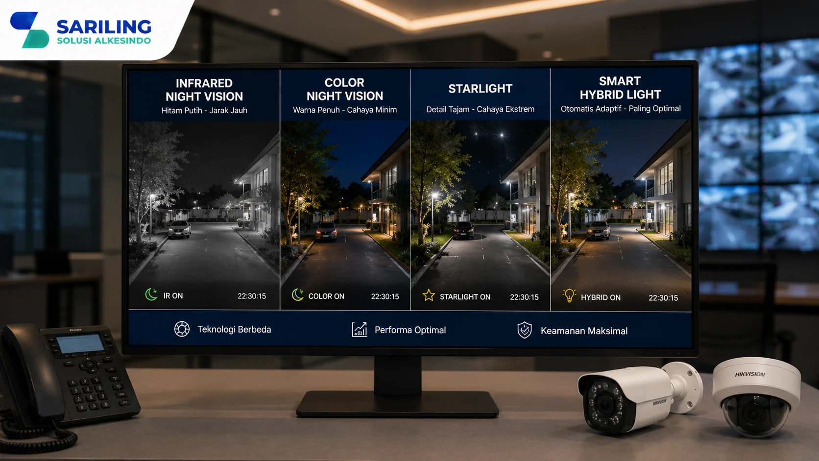 Foto realistis profesional yang menampilkan perbandingan teknologi CCTV Infrared Night Vision, Color Night Vision, Starlight, dan Smart Hybrid Light pada monitor CCTV modern di ruang kontrol keamanan, lengkap dengan logo Sariling Solusi Alkesindo di pojok kiri atas.