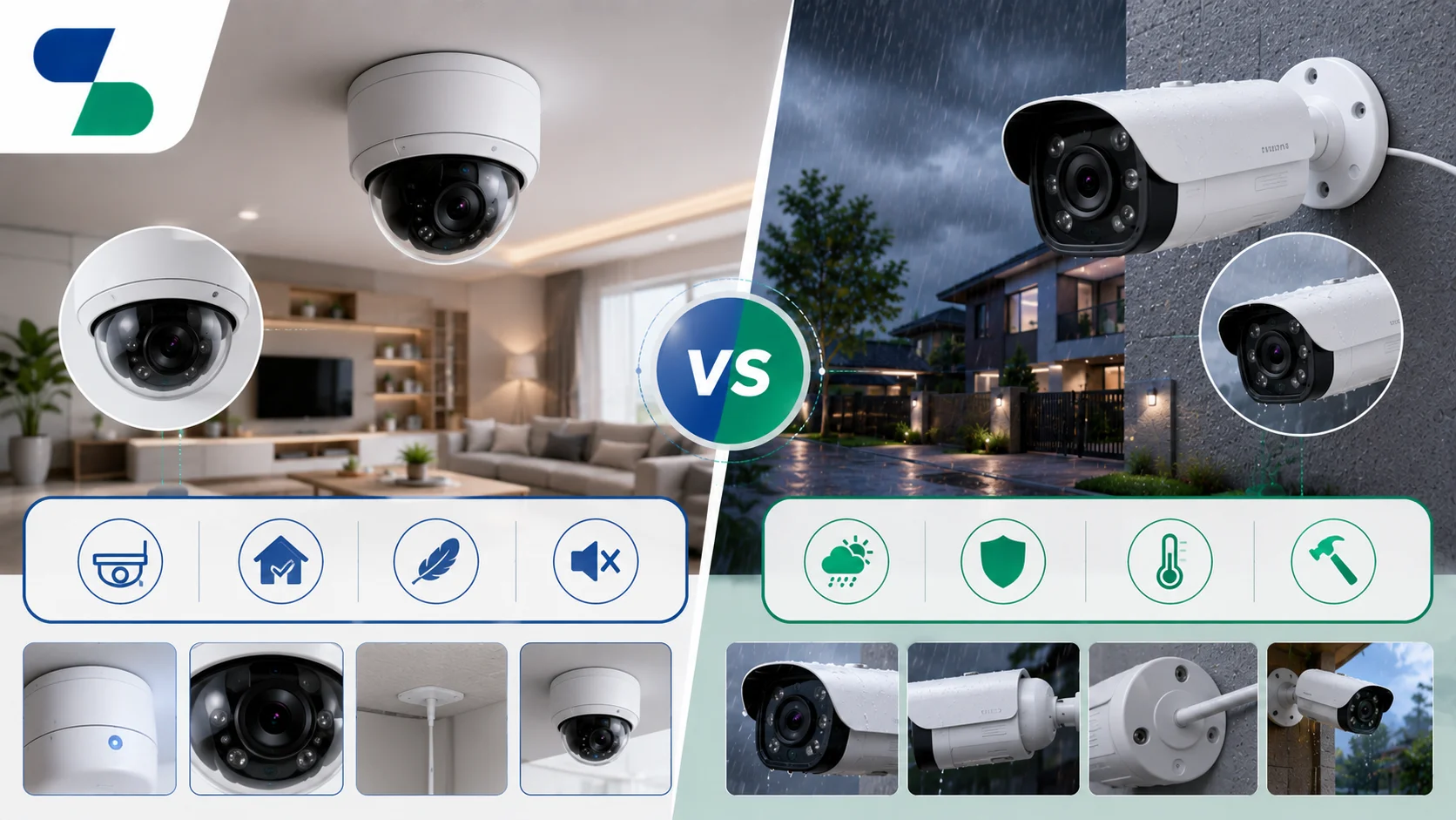 Ilustrasi perbandingan desain dan ketahanan kamera CCTV indoor dan outdoor yang menampilkan kamera dome untuk penggunaan dalam ruangan serta kamera bullet tahan cuaca untuk area luar dengan logo Sariling Solusi Alkesindo di pojok kiri atas.