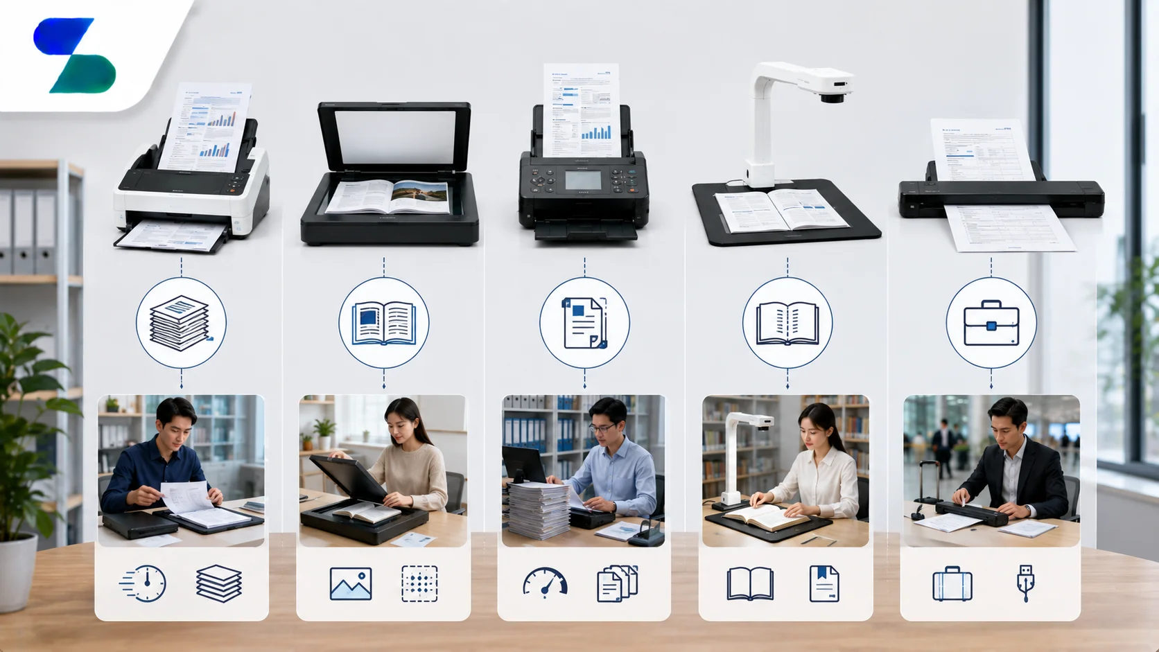 Ilustrasi perbandingan berbagai jenis scanner dokumen seperti flatbed scanner, scanner ADF, overhead scanner, dan portable scanner yang menunjukkan fungsi serta penggunaannya untuk kebutuhan digitalisasi dokumen di kantor, perpustakaan, pendidikan, dan bisnis, dengan logo Sariling Solusi Alkesindo di pojok kiri atas.