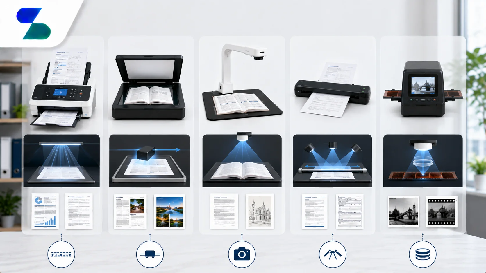 Ilustrasi perbandingan berbagai jenis scanner dokumen berdasarkan teknologi pembacaan, seperti flatbed scanner, scanner ADF, overhead scanner, portable scanner, dan film scanner