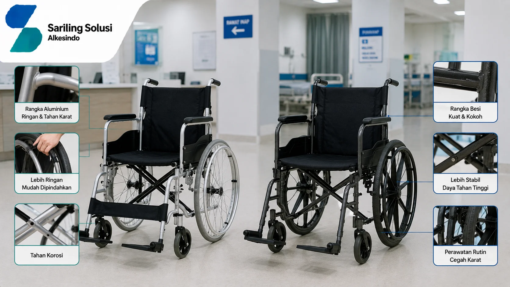 Ilustrasi perbedaan utama kursi roda aluminium dan besi yang menampilkan perbandingan dua jenis kursi roda dengan rangka aluminium dan rangka besi, dilengkapi informasi keunggulan seperti bobot ringan, ketahanan korosi, kekuatan rangka, stabilitas, daya tahan, serta perawatan produk bersama Sariling Solusi Alkesindo.