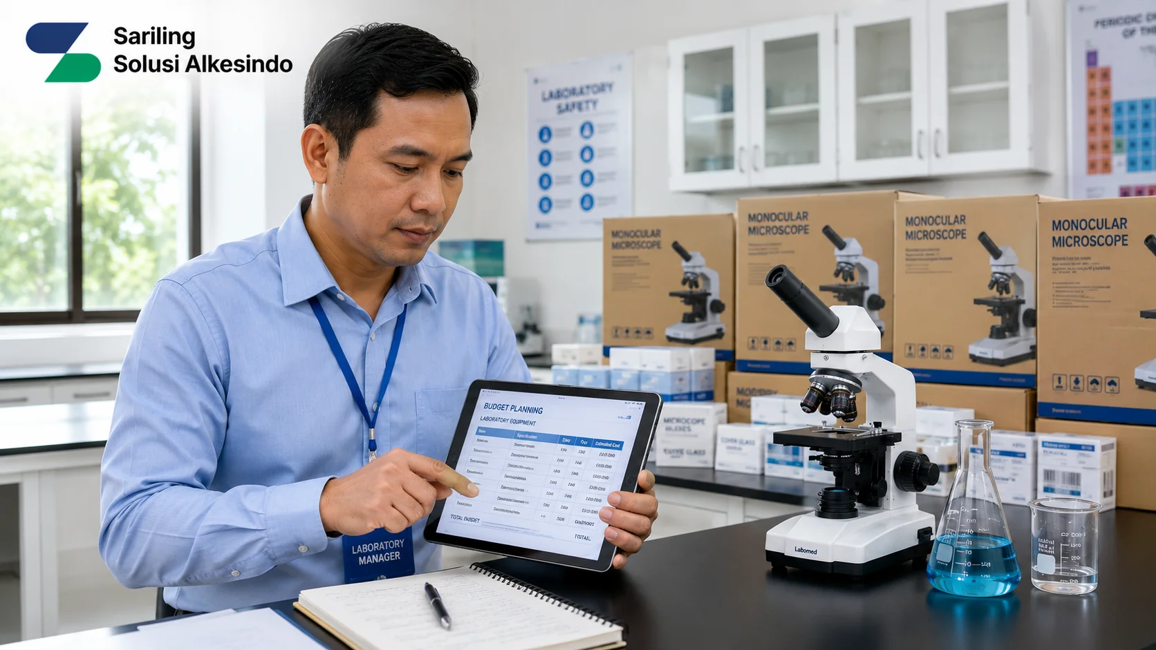 Manajer laboratorium meninjau dokumen perencanaan anggaran melalui tablet dengan kotak mikroskop monokular dan perlengkapan laboratorium di latar belakang serta logo Sariling Solusi Alkesindo.
