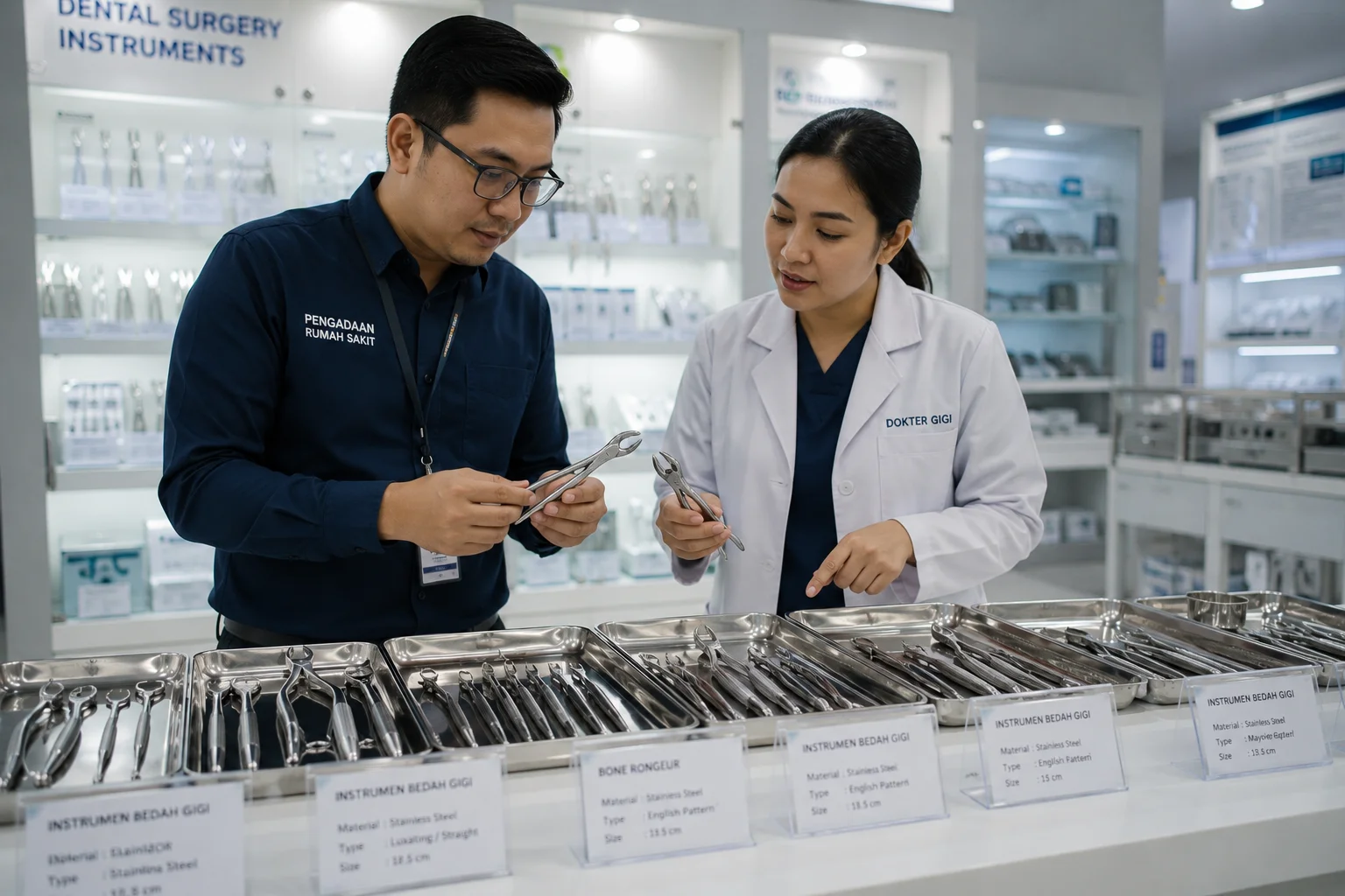 Petugas pengadaan rumah sakit dan dokter gigi sedang memeriksa instrumen bedah gigi berbahan stainless steel dengan label spesifikasi produk di ruang display alat kesehatan modern.