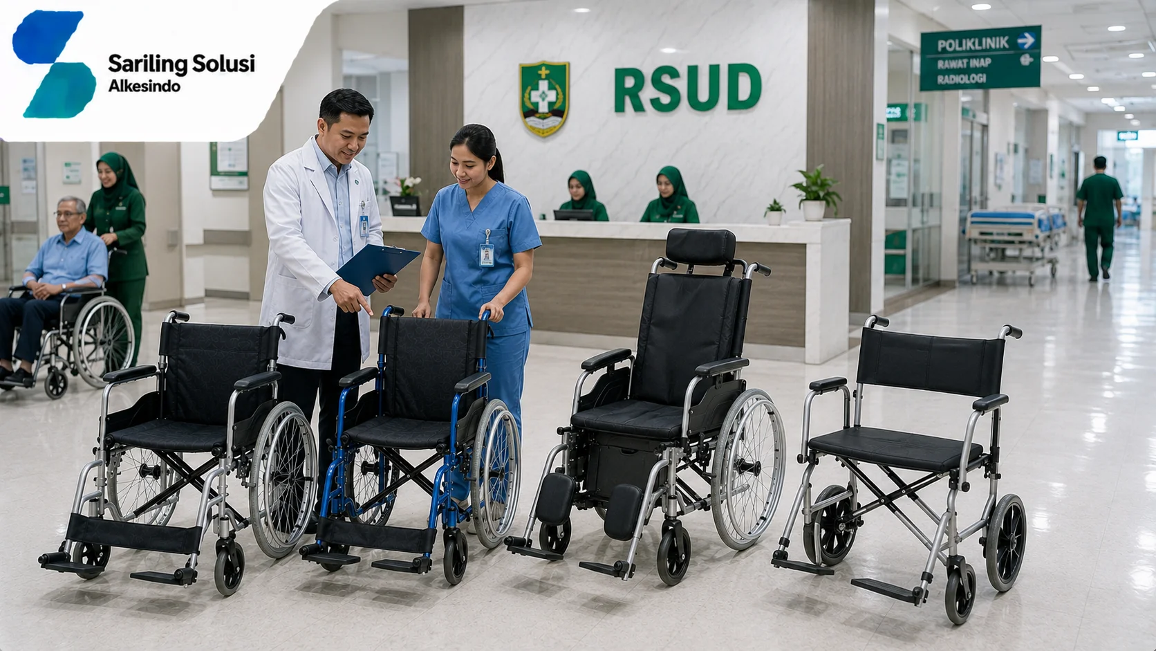 Ilustrasi pilihan kursi roda disabilitas untuk mendukung pelayanan kesehatan RSUD yang menampilkan berbagai jenis kursi roda pasien di lingkungan rumah sakit, aktivitas tenaga medis melakukan pengecekan produk, serta fasilitas pelayanan kesehatan bersama Sariling Solusi Alkesindo.