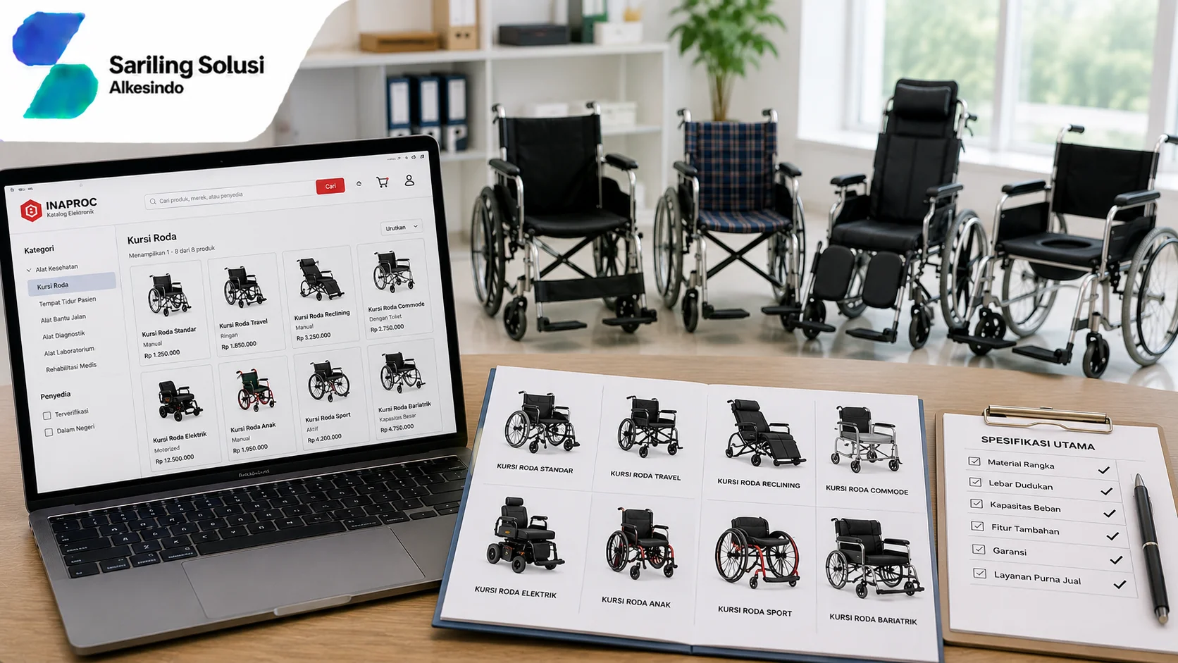 Ilustrasi pilihan produk kursi roda yang tersedia di INAPROC dengan menampilkan berbagai jenis kursi roda seperti kursi roda standar, travel, reclining, commode, elektrik, anak, sport, dan bariatrik, dilengkapi katalog elektronik, daftar spesifikasi produk, serta proses pemilihan kebutuhan pengadaan bersama Sariling Solusi Alkesindo.