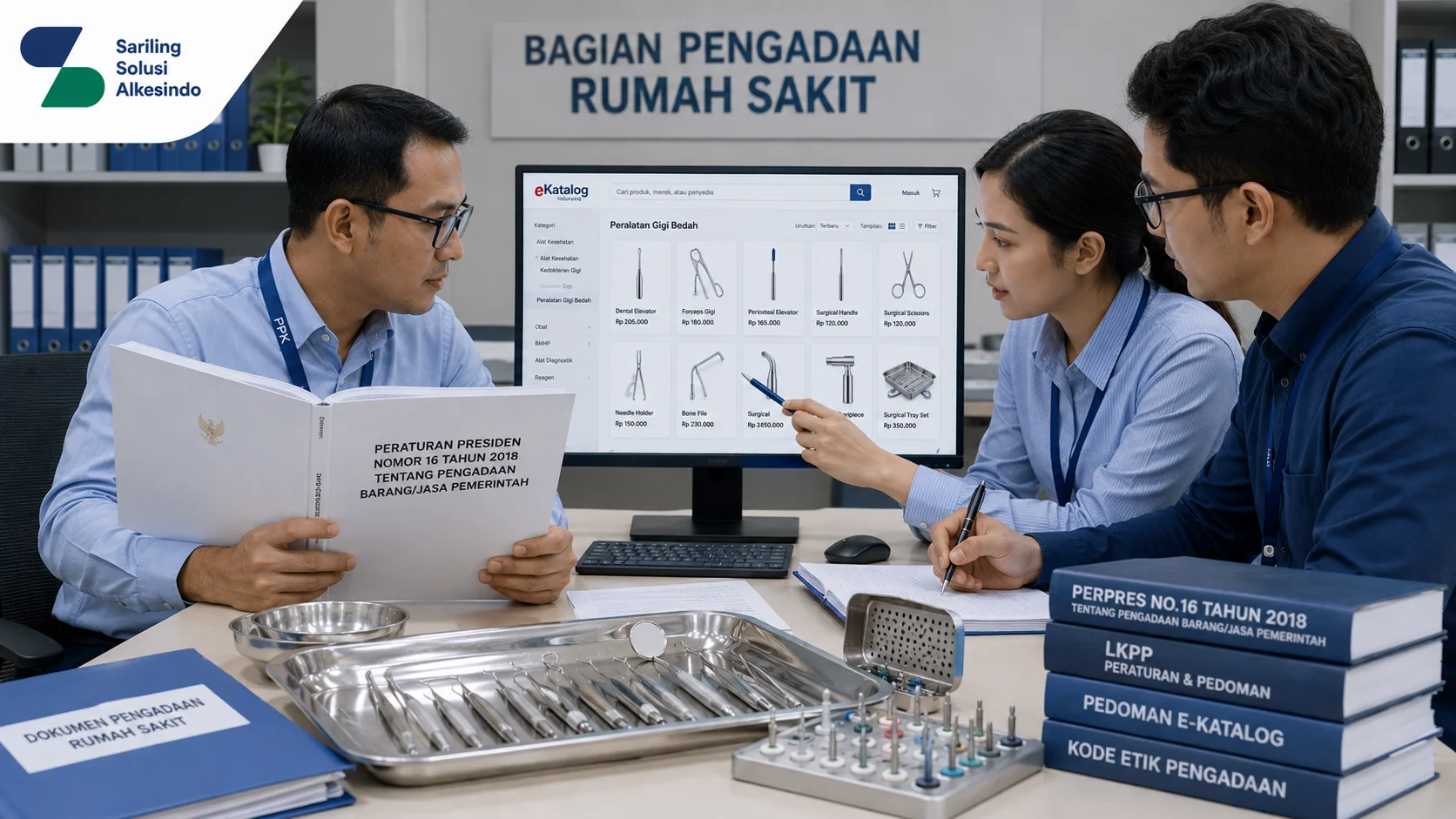 Ilustrasi PPK dan tim pengadaan rumah sakit mempelajari regulasi pengadaan sambil mengakses E-Katalog untuk memilih peralatan gigi bedah dengan logo Sariling Solusi Alkesindo.