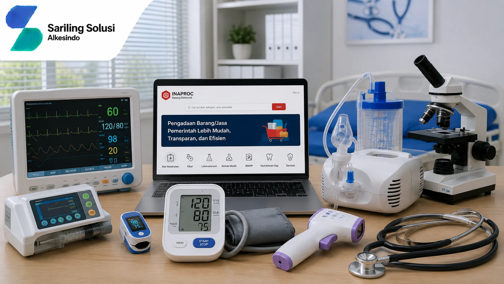 lustrasi produk alat kesehatan yang banyak dicari melalui INAPROC dengan menampilkan berbagai perangkat medis seperti monitor pasien, tensimeter digital, pulse oximeter, thermometer, nebulizer, mikroskop, stetoskop, serta katalog elektronik INAPROC bersama Sariling Solusi Alkesindo.