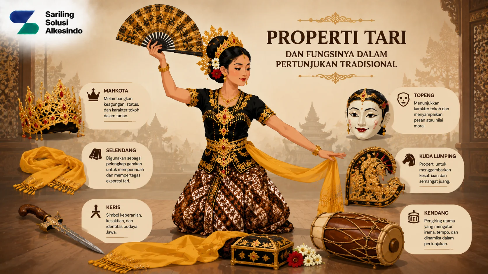 Ilustrasi properti tari dan fungsinya dalam pertunjukan tradisional yang menampilkan berbagai perlengkapan tari seperti mahkota, kipas, selendang, keris, topeng, kuda lumping, dan kendang dengan logo Sariling Solusi Alkesindo.