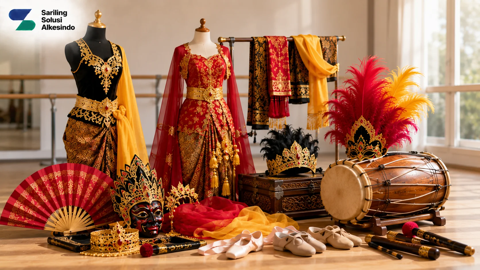 Ilustrasi properti, tata busana, dan perlengkapan seni tari yang menampilkan kostum tradisional, aksesori tari, alat musik, kipas, serta perlengkapan pertunjukan dengan logo Sariling Solusi Alkesindo.