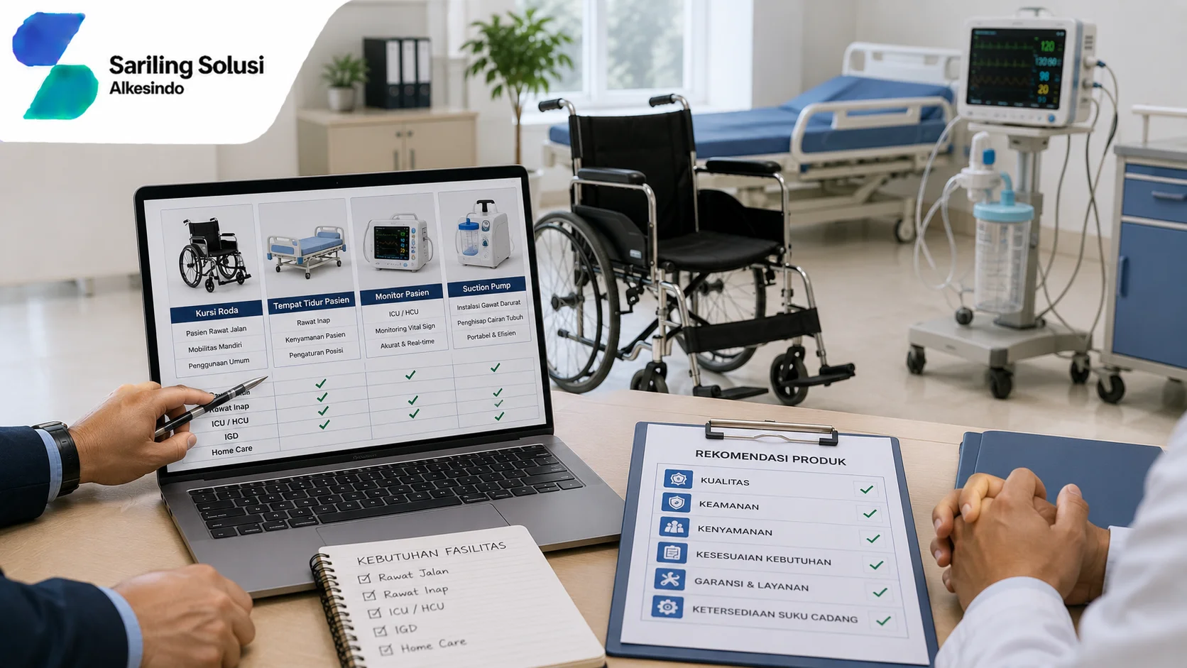 Ilustrasi rekomendasi produk berdasarkan kebutuhan fasilitas yang menampilkan proses pemilihan alat kesehatan seperti kursi roda pasien, tempat tidur medis, monitor pasien, dan suction pump, dilengkapi katalog produk, checklist kebutuhan fasilitas, serta evaluasi spesifikasi bersama Sariling Solusi Alkesindo.