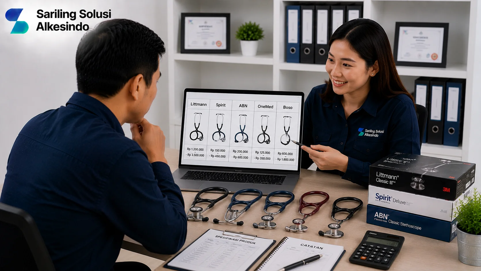 Ilustrasi review harga stetoskop berdasarkan merek yang menampilkan perbandingan beberapa produk stetoskop, daftar harga, spesifikasi, dokumen evaluasi, dan konsultasi pemilihan alat kesehatan bersama logo Sariling Solusi Alkesindo