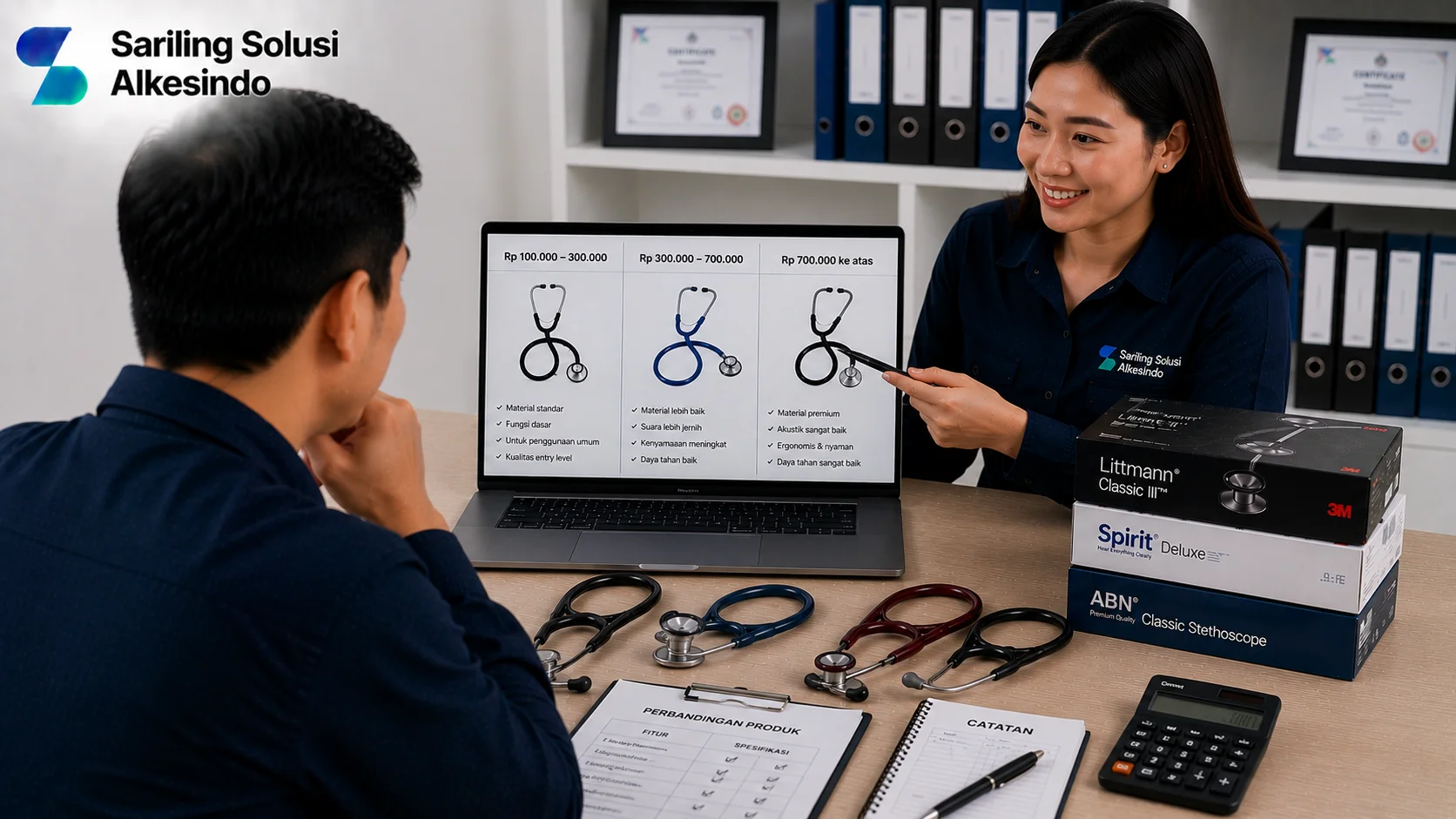 Ilustrasi review stetoskop berdasarkan kisaran harga yang menampilkan perbandingan beberapa kategori harga stetoskop, spesifikasi produk, kualitas material, dokumen evaluasi, dan konsultasi pemilihan alat kesehatan bersama logo Sariling Solusi Alkesindo.