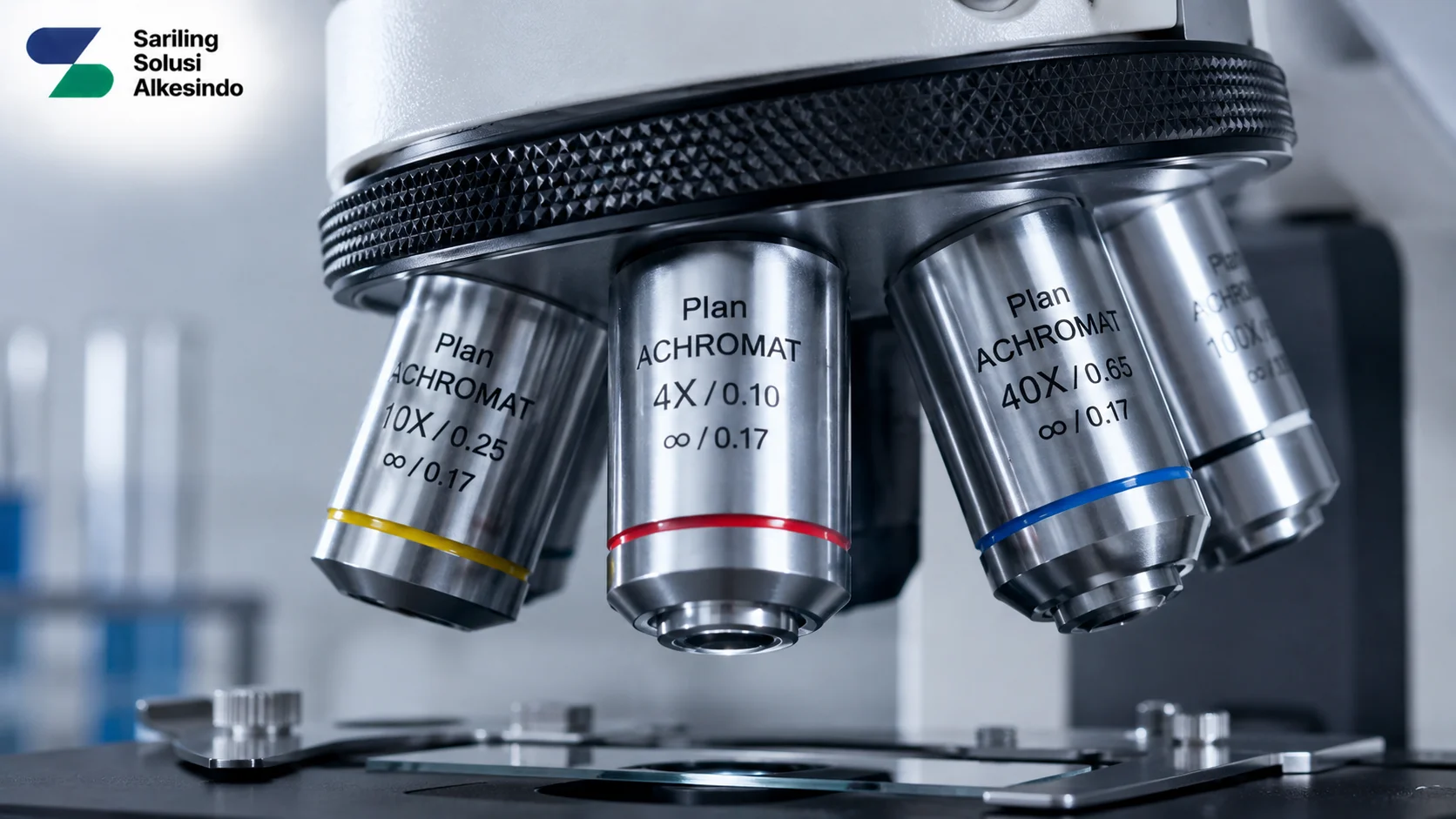 Close-up revolving nosepiece mikroskop laboratorium dengan beberapa lensa objektif Plan Achromat berbahan metal untuk pengamatan presisi serta logo Sariling Solusi Alkesindo.