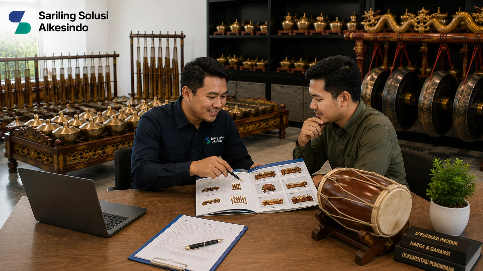 Ilustrasi solusi memilih penyedia alat musik tradisional yang tepat dengan menampilkan proses konsultasi produk, evaluasi kualitas instrumen seperti gamelan, angklung, dan kendang, serta logo Sariling Solusi Alkesindo.
