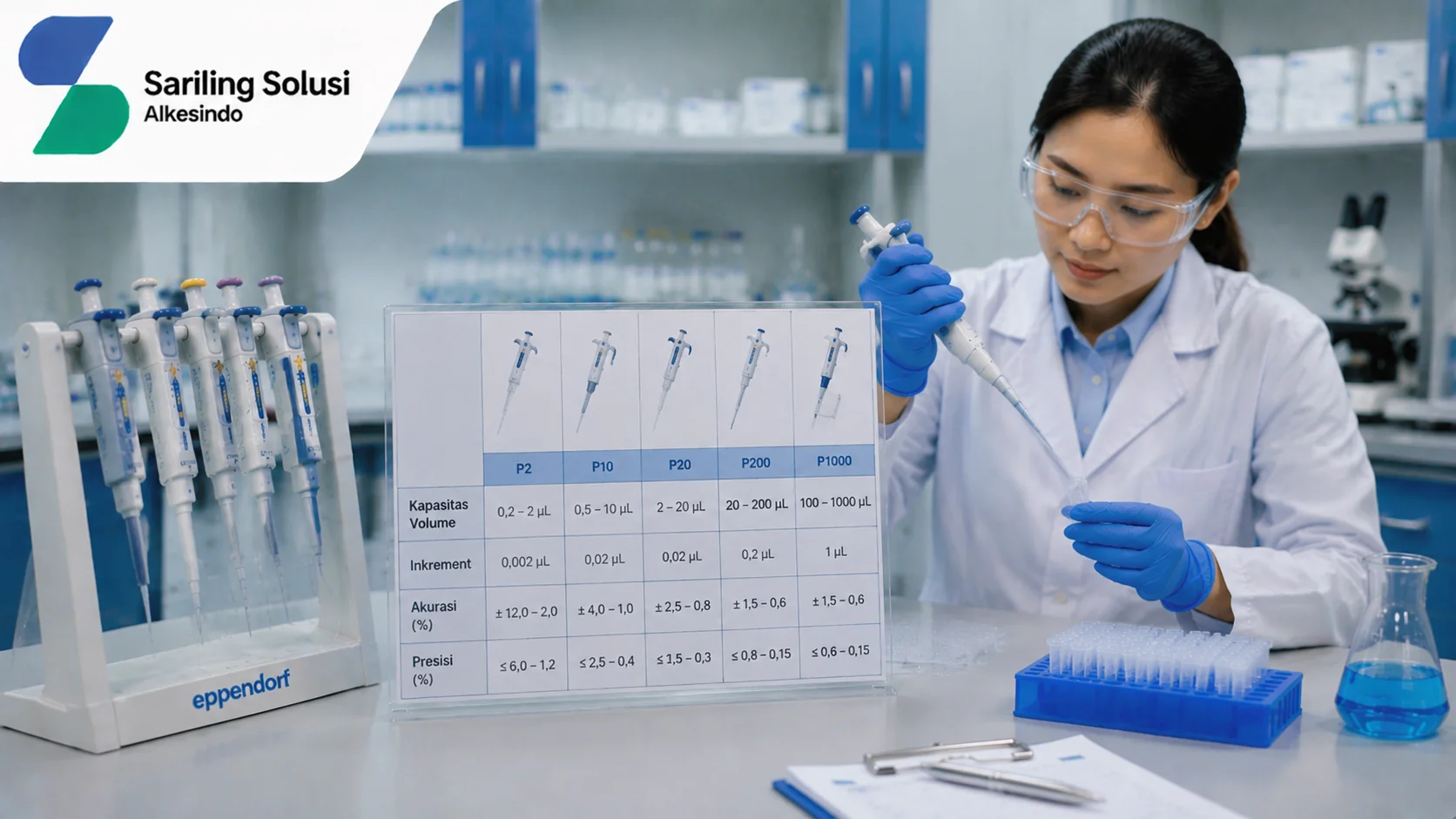 Ilustrasi spesifikasi pipet berdasarkan kapasitas dan tingkat akurasi yang menampilkan berbagai ukuran micropipette, tabel perbandingan volume, rentang kapasitas, tingkat akurasi, presisi, serta aktivitas penggunaan pipet di laboratorium dengan logo Sariling Solusi Alkesindo.