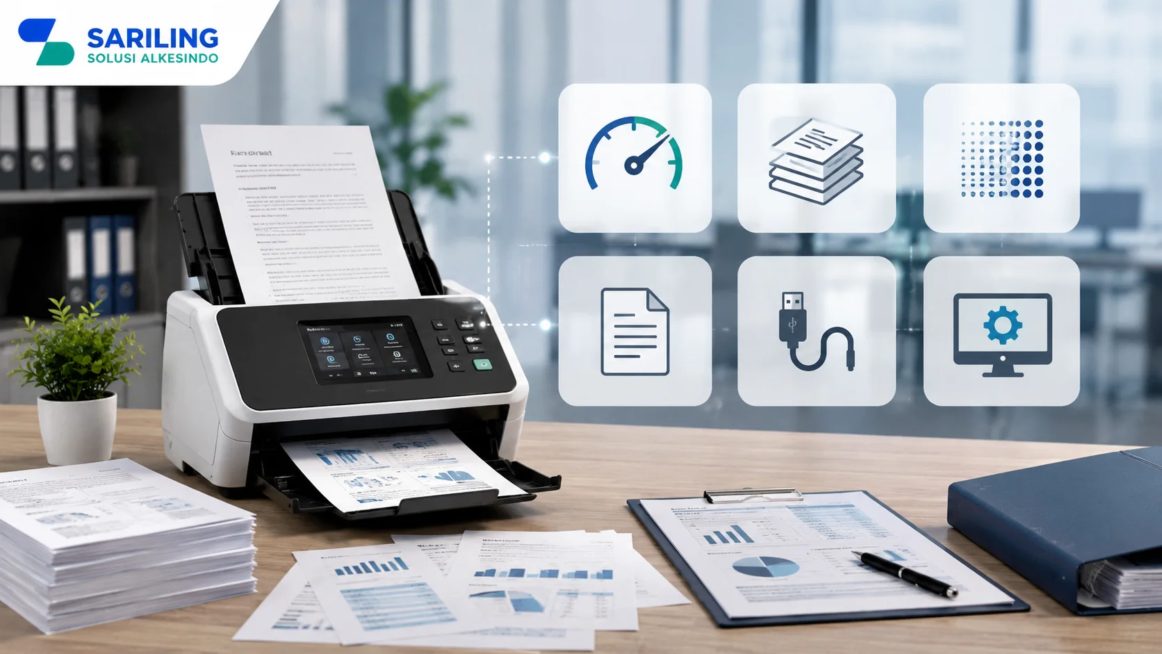Foto realistis profesional yang menampilkan scanner dokumen modern dengan ilustrasi berbagai spesifikasi seperti kecepatan pemindaian, kapasitas ADF, resolusi, kompatibilitas koneksi, format dokumen, dan fitur perangkat lunak di lingkungan kantor modern, lengkap dengan logo Sariling Solusi Alkesindo di pojok kiri atas.