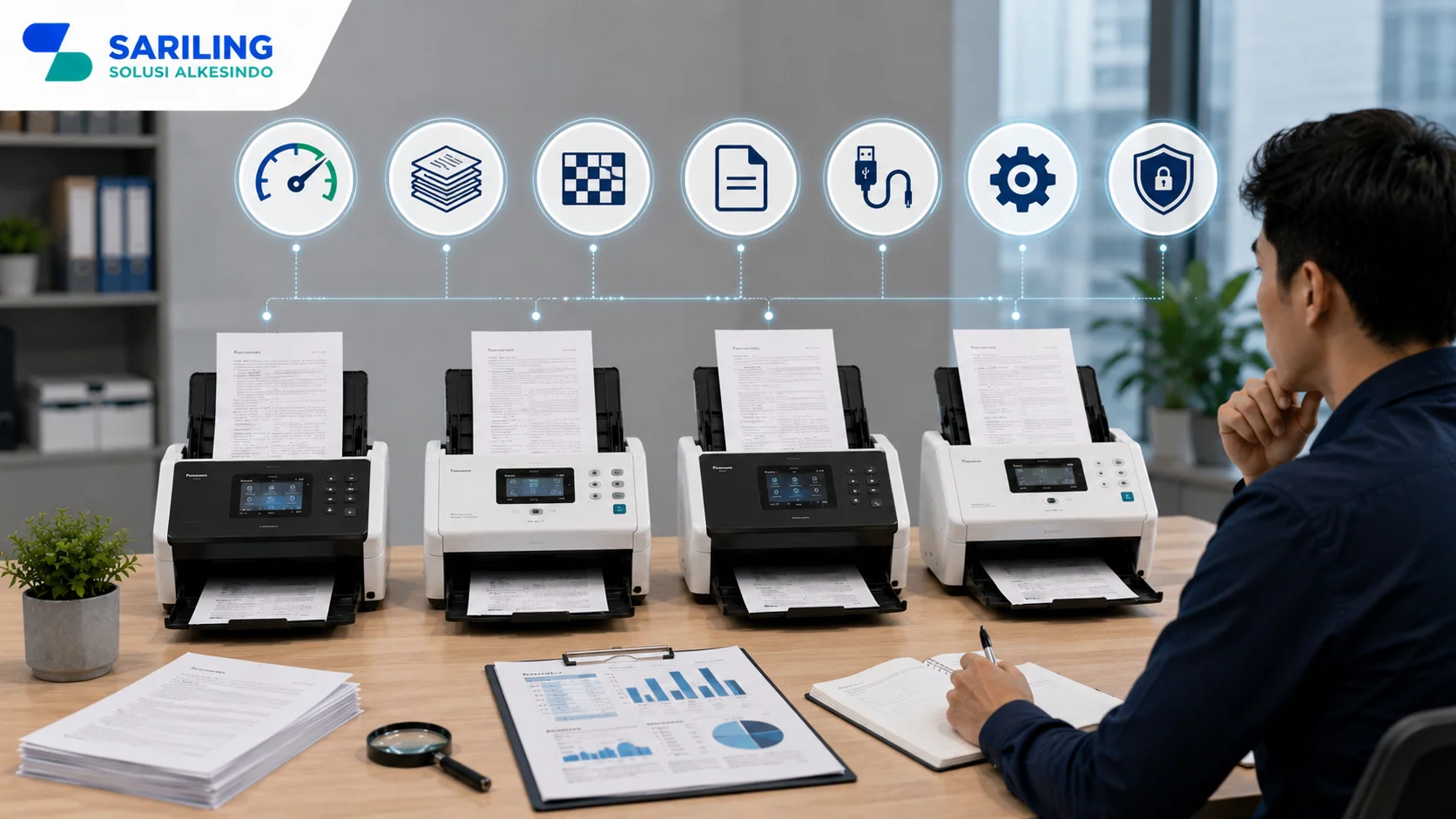 Foto realistis profesional yang menampilkan beberapa scanner dokumen modern dengan ilustrasi spesifikasi utama seperti kecepatan pemindaian, kapasitas ADF, resolusi, format dokumen, konektivitas, kompatibilitas sistem, dan fitur keamanan di lingkungan kantor modern, lengkap dengan logo Sariling Solusi Alkesindo di pojok kiri atas.