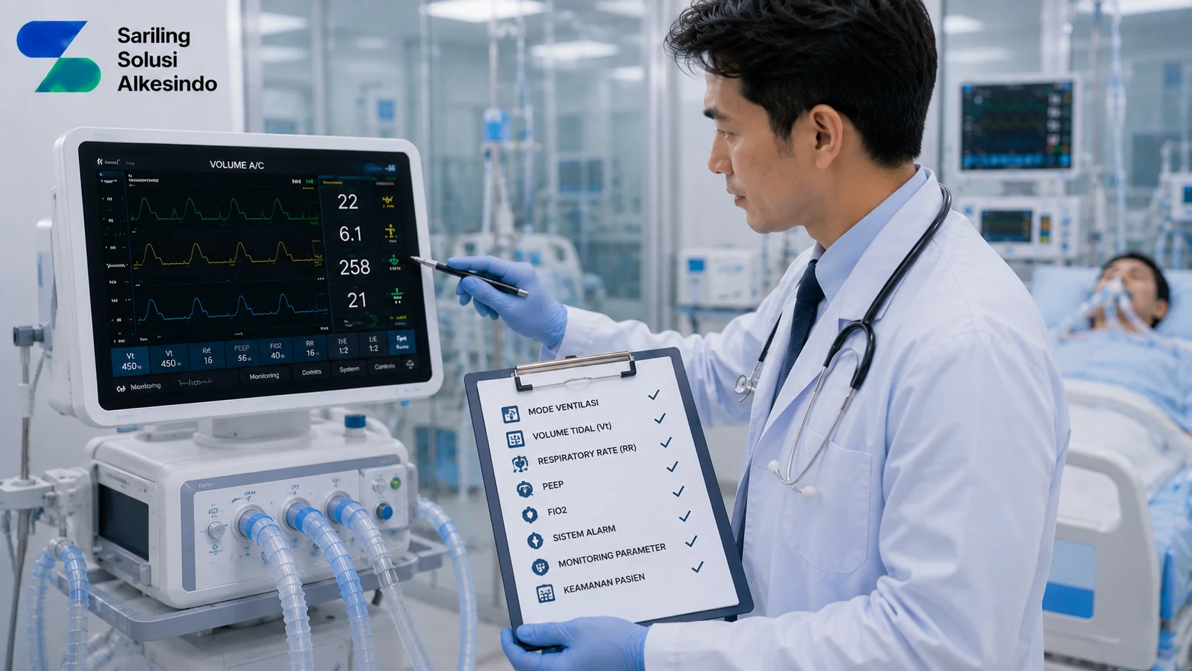 Ilustrasi spesifikasi ventilator ICU yang wajib diperhatikan dengan dokter mengevaluasi perangkat ventilator, tampilan parameter ventilasi, mode pernapasan, volume tidal, PEEP, FiO2, sistem alarm, dan monitoring pasien bersama logo Sariling Solusi Alkesindo.