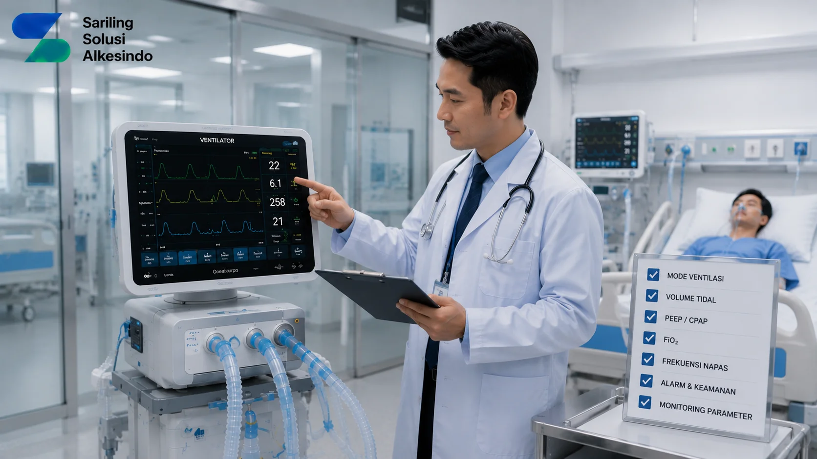 Ilustrasi spesifikasi ventilator yang perlu diperhatikan sebelum pengadaan dengan dokter mengevaluasi perangkat ventilator medis, tampilan parameter ventilasi, dan fitur pendukung di ruang ICU bersama logo Sariling Solusi Alkesindo.