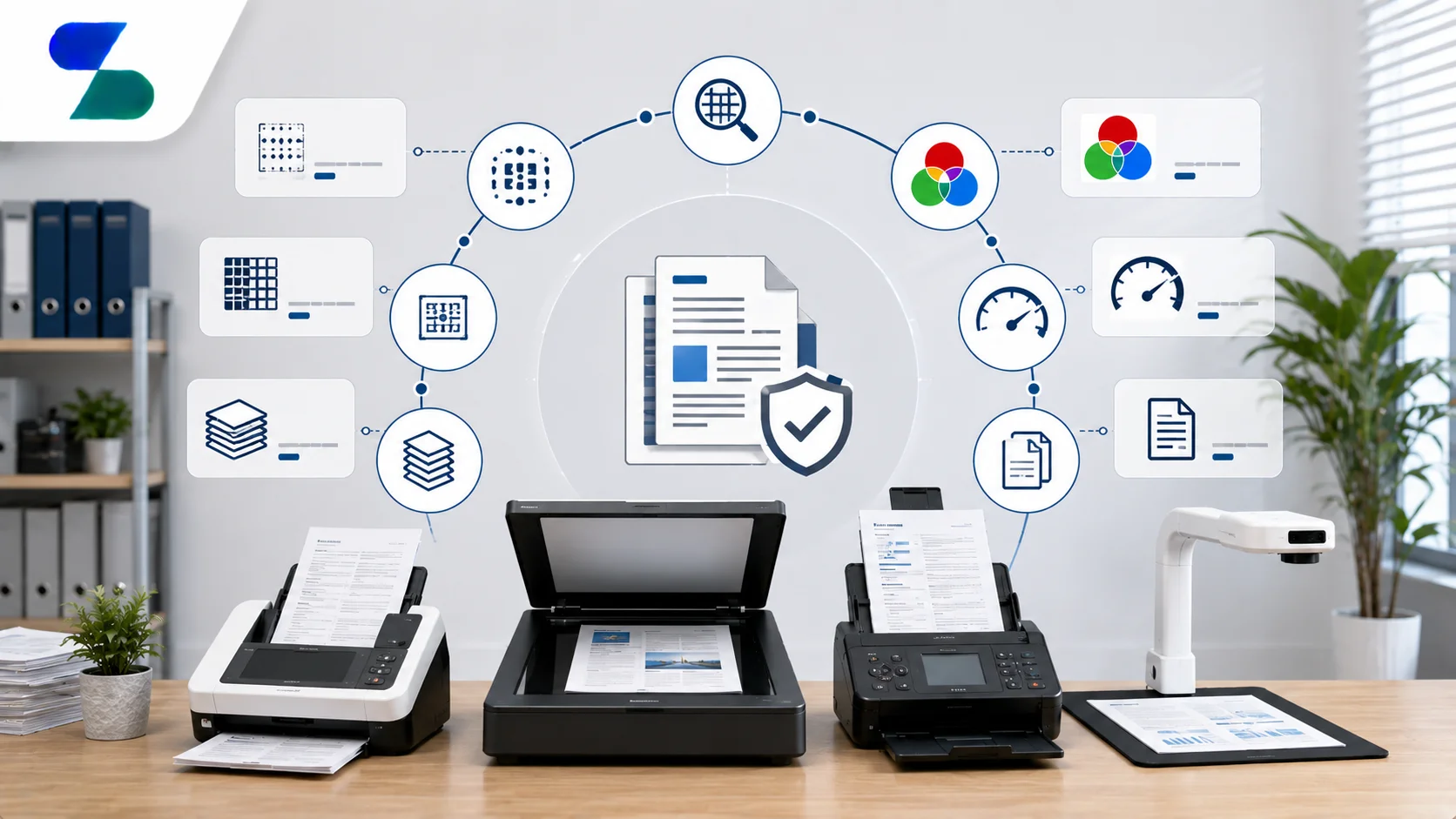 Ilustrasi berbagai scanner dokumen dengan spesifikasi teknis berbeda, termasuk flatbed scanner, scanner ADF, dan overhead scanner, yang menggambarkan aspek resolusi, kecepatan pemindaian, kapasitas kertas, serta kualitas hasil scan, dengan logo Sariling Solusi Alkesindo di pojok kiri atas.