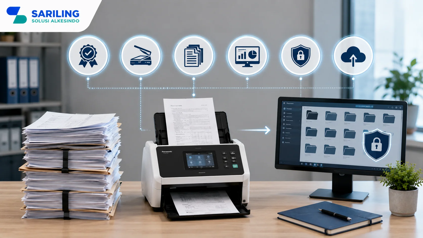 Foto realistis profesional yang menampilkan scanner dokumen modern untuk digitalisasi arsip dengan ilustrasi standar kualitas, keamanan data, pengelolaan dokumen digital, dan penyimpanan cloud di lingkungan kantor modern, lengkap dengan logo Sariling Solusi Alkesindo di pojok kiri atas.