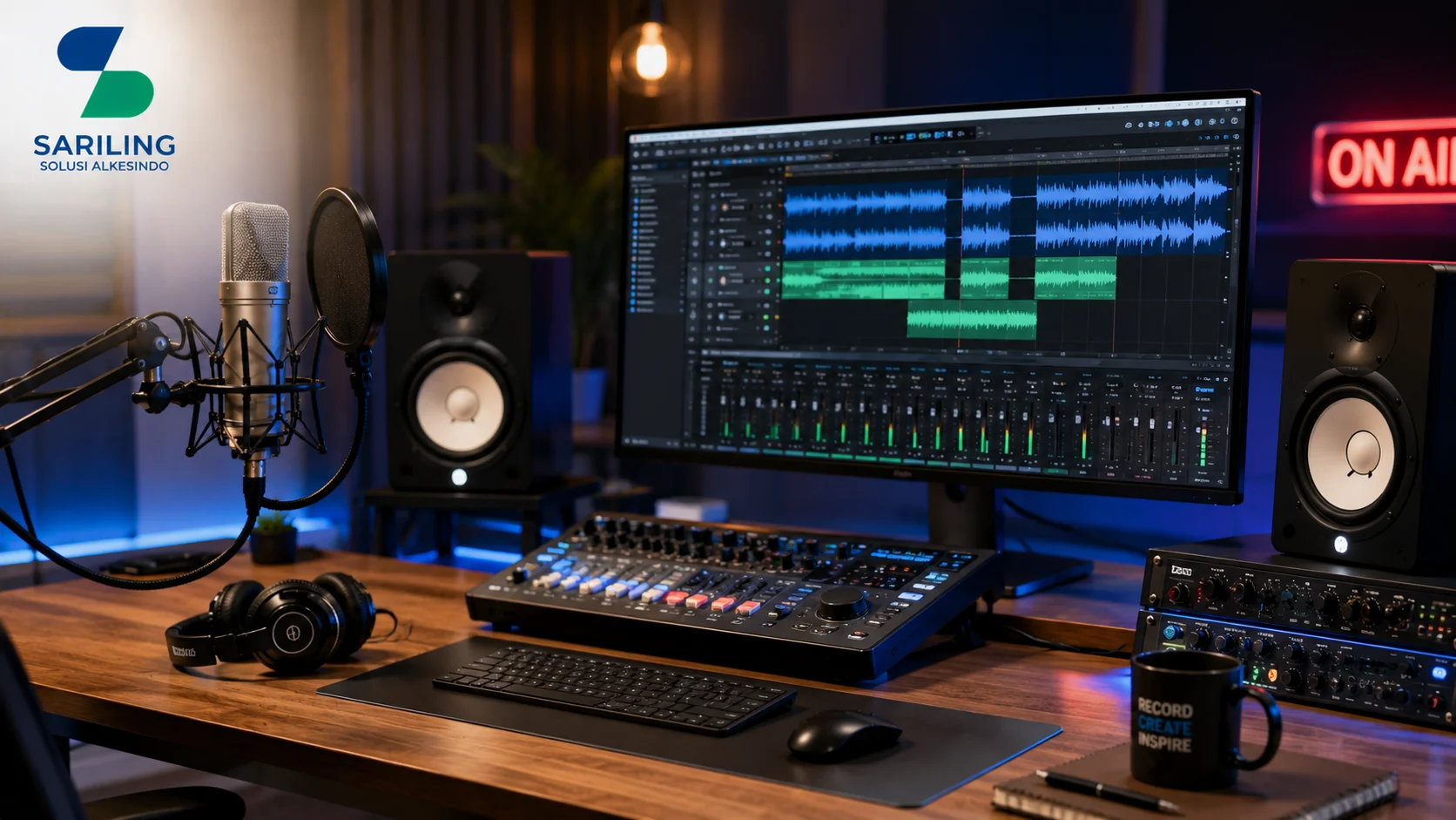 Ilustrasi studio rekaman modern dengan mikrofon kondensor profesional, antarmuka audio, monitor studio, dan layar komputer yang menampilkan software editing audio serta logo Sariling Solusi Alkesindo.