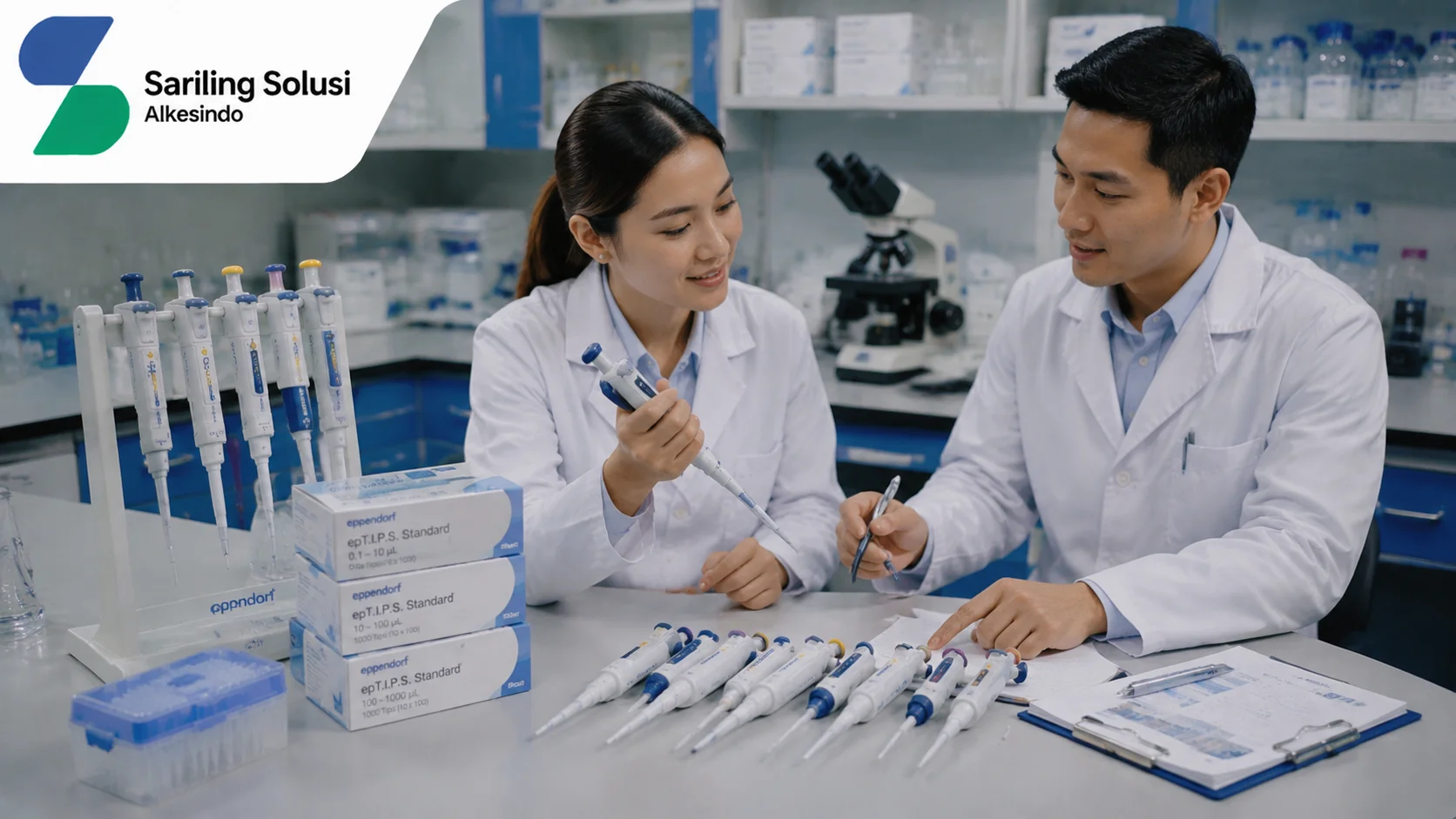 Ilustrasi mencari penyedia pipet laboratorium sesuai kebutuhan yang menampilkan proses konsultasi pemilihan micropipette, berbagai jenis pipet, perlengkapan laboratorium, dokumen spesifikasi produk, serta evaluasi alat berdasarkan kebutuhan penelitian dengan logo Sariling Solusi Alkesindo.