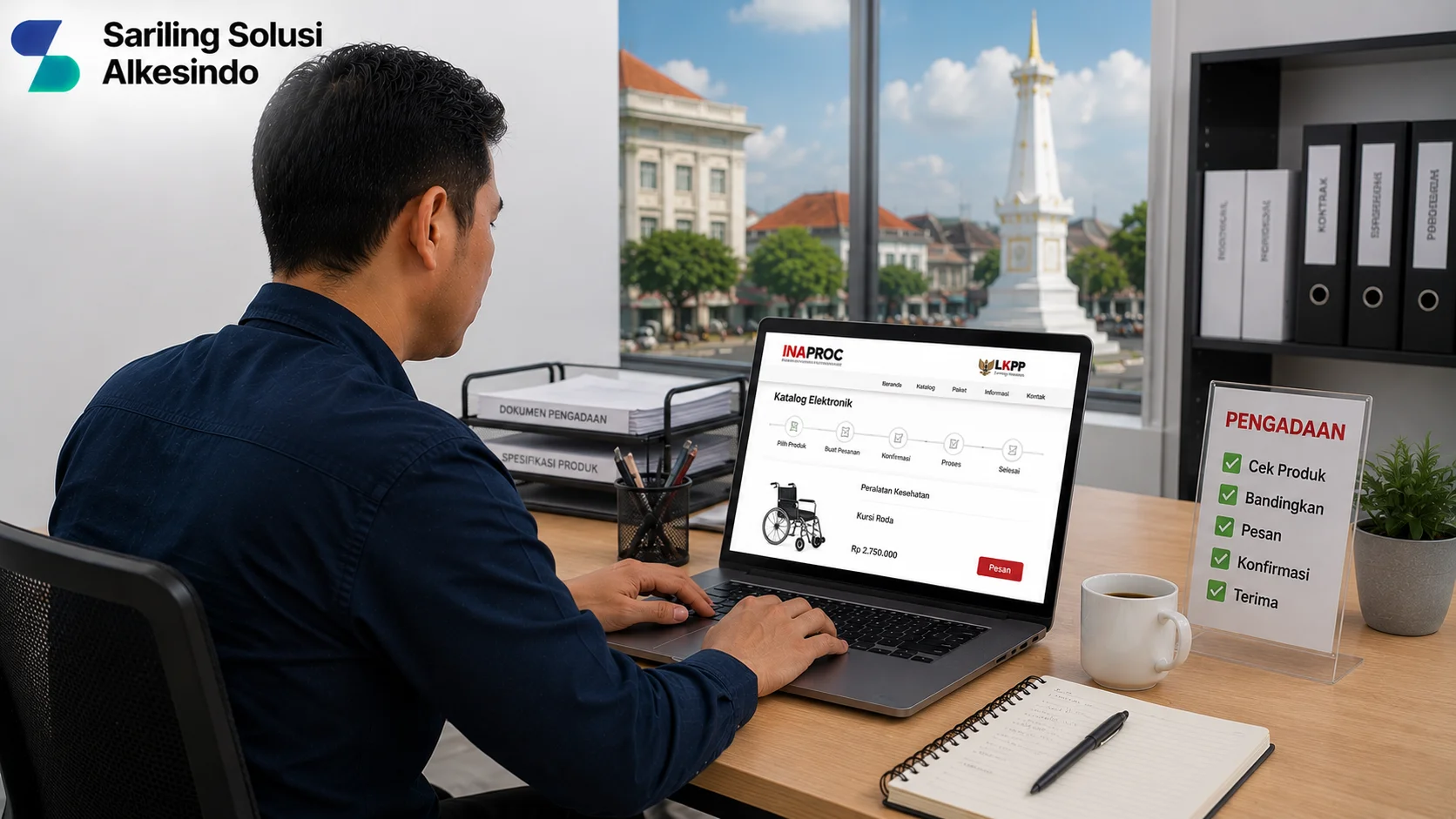 Ilustrasi tips memesan produk melalui Pengadaan Inaproc Provinsi Yogyakarta yang menampilkan proses pemilihan produk pada katalog elektronik, pengecekan spesifikasi, pemesanan digital, dan dokumen pengadaan dengan logo Sariling Solusi Alkesindo.