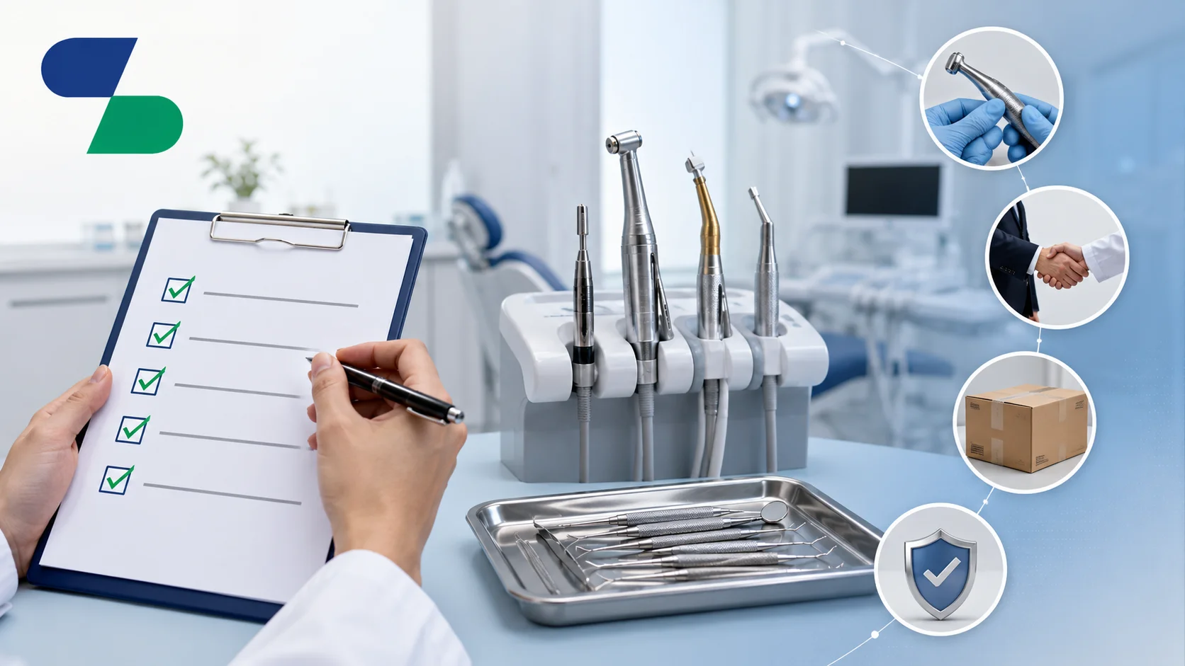 Ilustrasi tips memilih penyedia peralatan gigi bedah dengan checklist evaluasi, instrumen bedah gigi modern, serta logo Sariling Solusi Alkesindo di klinik profesional
