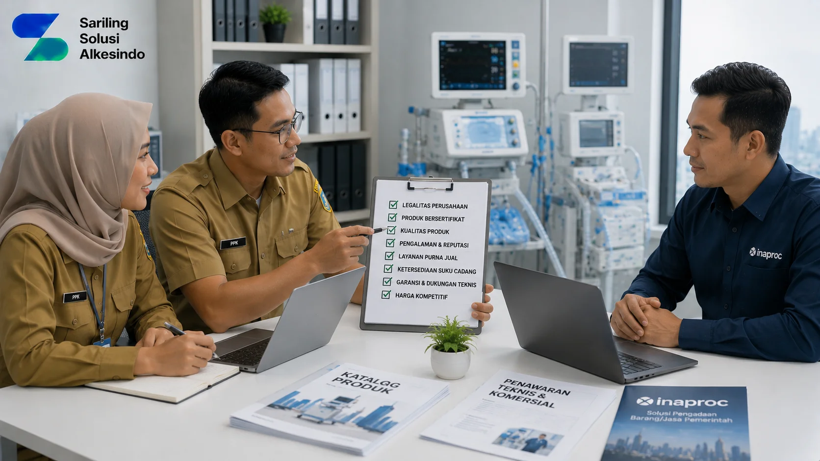 Ilustrasi tips memilih penyedia peralatan medis yang tepat dengan tenaga pemerintah dan vendor berdiskusi mengenai kualitas produk, sertifikasi, legalitas perusahaan, layanan purna jual, serta dukungan teknis bersama logo Sariling Solusi Alkesindo.