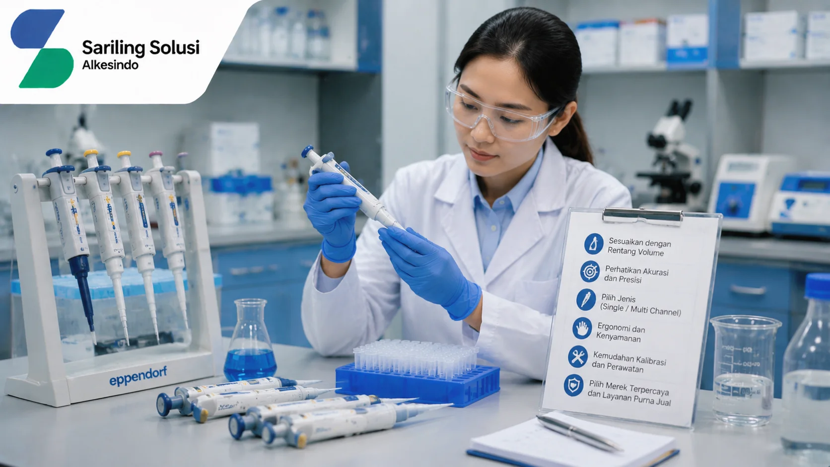 Ilustrasi tips memilih pipet laboratorium yang tepat dengan menampilkan penggunaan micropipette di laboratorium, berbagai jenis pipet, checklist pemilihan berdasarkan rentang volume, akurasi, presisi, ergonomi, kalibrasi, serta kebutuhan penelitian dengan logo Sariling Solusi Alkesindo.