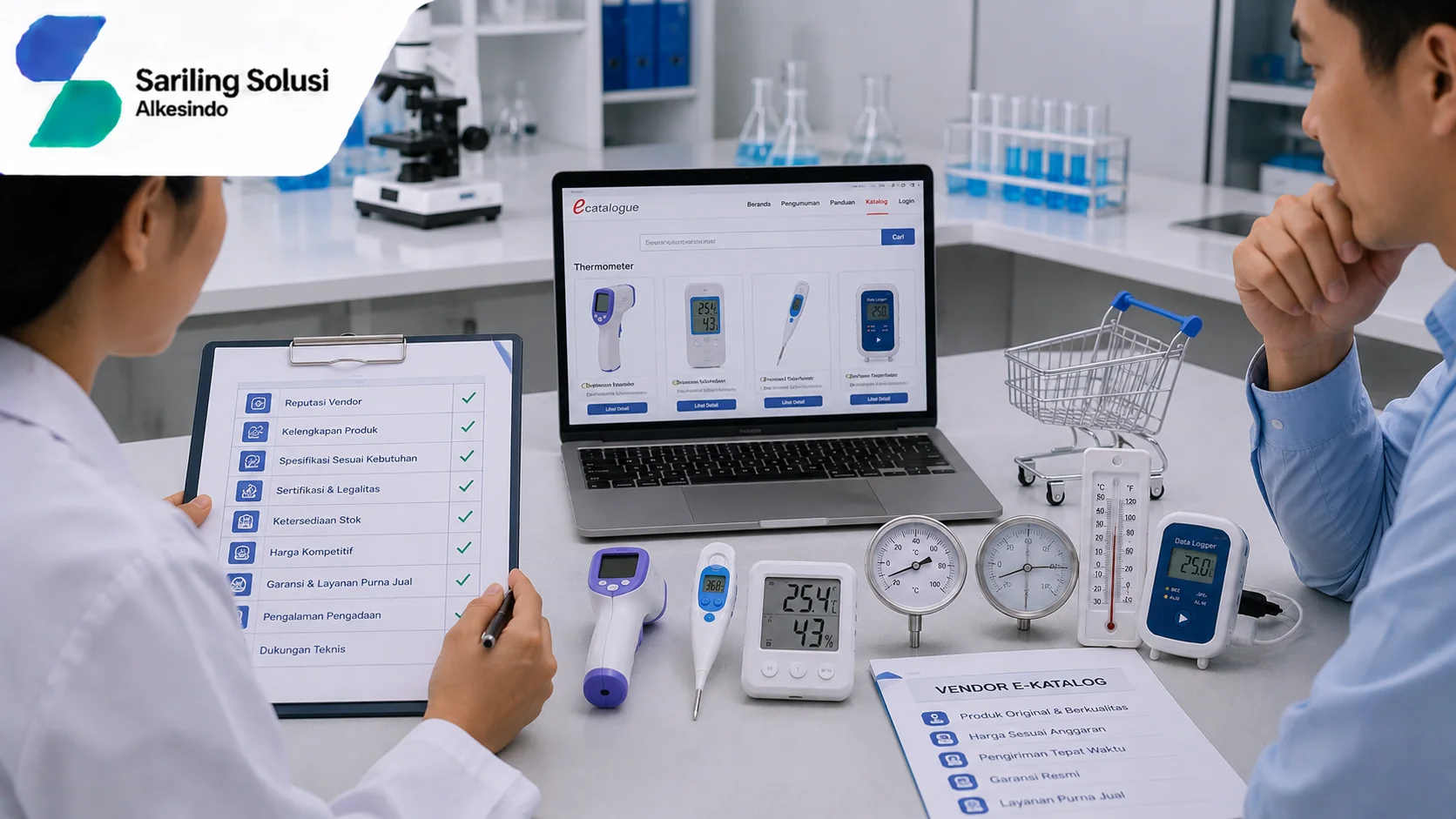 Ilustrasi tips memilih vendor thermometer e-Katalog sesuai kebutuhan pengadaan yang menampilkan proses evaluasi vendor, katalog digital produk thermometer, checklist reputasi penyedia, spesifikasi alat, sertifikasi, ketersediaan stok, harga, serta layanan purna jual bersama Sariling Solusi Alkesindo.