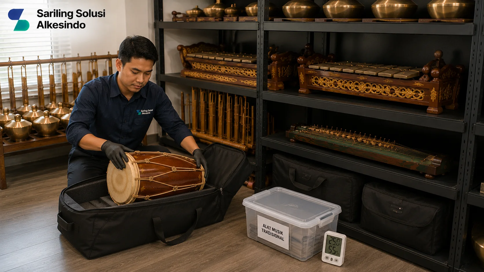 Ilustrasi tips menyimpan alat musik tradisional agar tetap awet yang menampilkan proses penyimpanan kendang