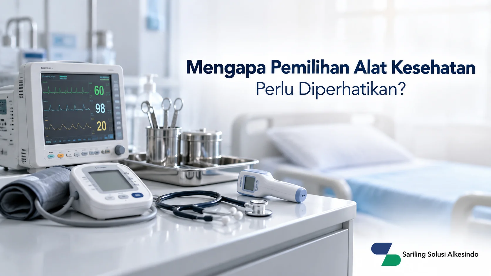 Alat kesehatan seperti monitor pasien, tensimeter, dan stetoskop di ruang medis.