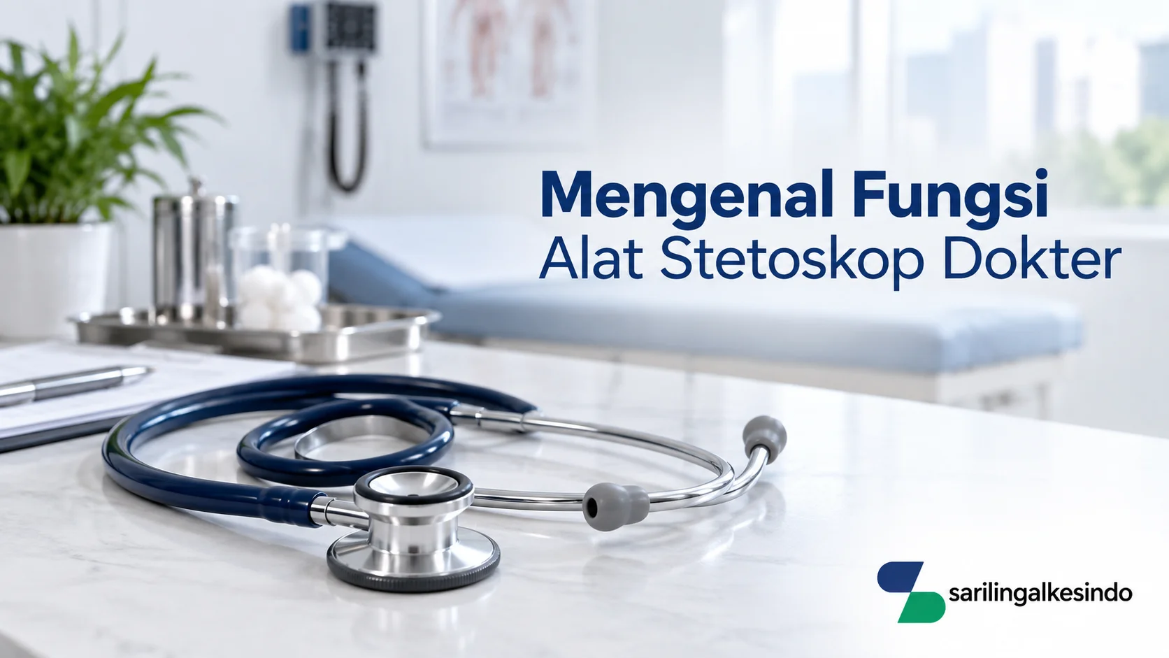 Alat stetoskop dokter berwarna biru dan perak di ruang pemeriksaan medis untuk mendukung pemeriksaan fisik.