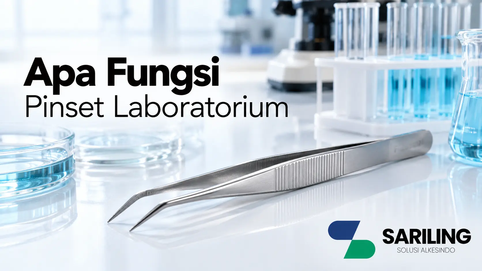 Banner pinset laboratorium berbahan stainless steel di atas meja laboratorium dengan latar belakang peralatan medis dan logo Sariling Solusi Alkesindo.