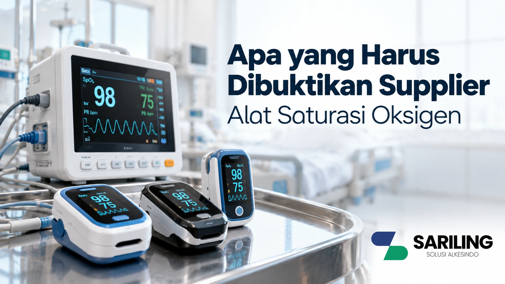 Banner supplier alat saturasi oksigen dengan pulse oximeter dan monitor pasien di lingkungan rumah sakit untuk menampilkan bukti kelayakan produk medis, dilengkapi logo SARILING SOLUSI ALKESINDO.