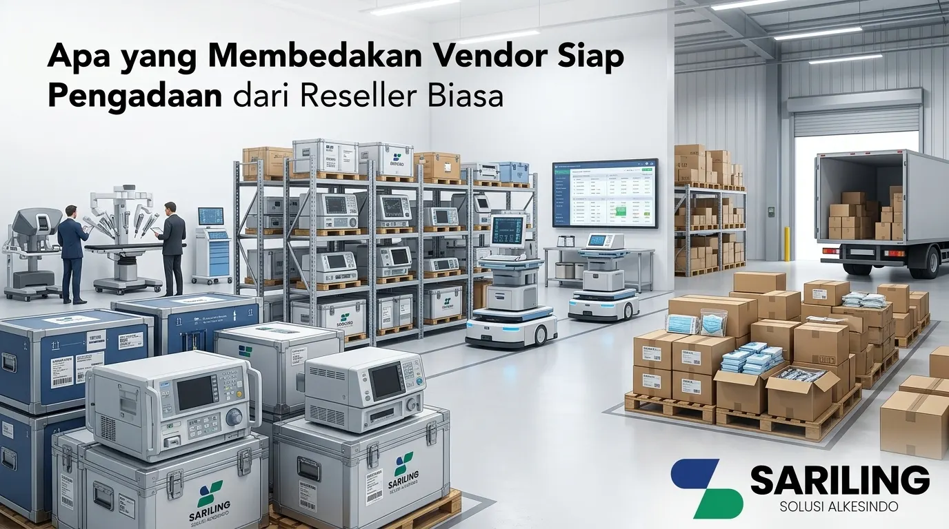 Banner artikel berjudul "Apa yang Membedakan Vendor Siap Pengadaan dari Reseller Biasa" dengan latar belakang gudang modern dan fasilitas logistik peralatan medis lengkap, serta logo PT Sariling Solusi Alkesindo di sudut kanan bawah.