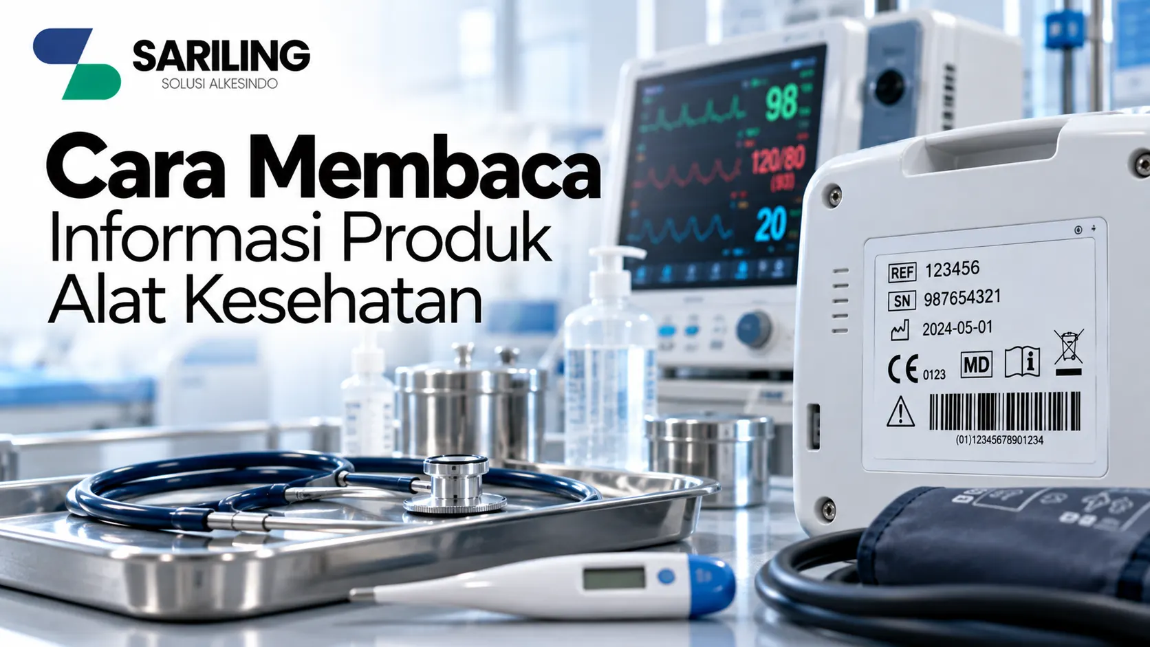 Banner edukasi cara membaca informasi produk alat kesehatan, menampilkan label identitas produk dengan nomor referensi, nomor seri, tanggal produksi, simbol regulasi, dan barcode, dilengkapi peralatan medis serta logo Sariling Solusi Alkesindo.
