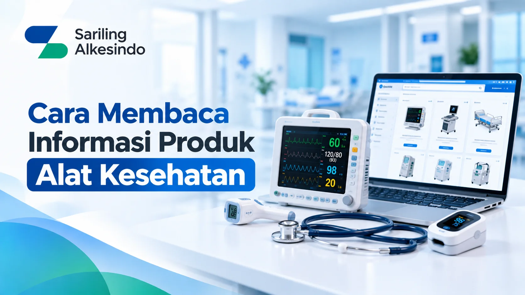 Penyedia Informasi Alat Medis Inaproc dengan ilustrasi monitor pasien, termometer digital, stetoskop, pulse oximeter, dan katalog produk alat kesehatan pada laptop.